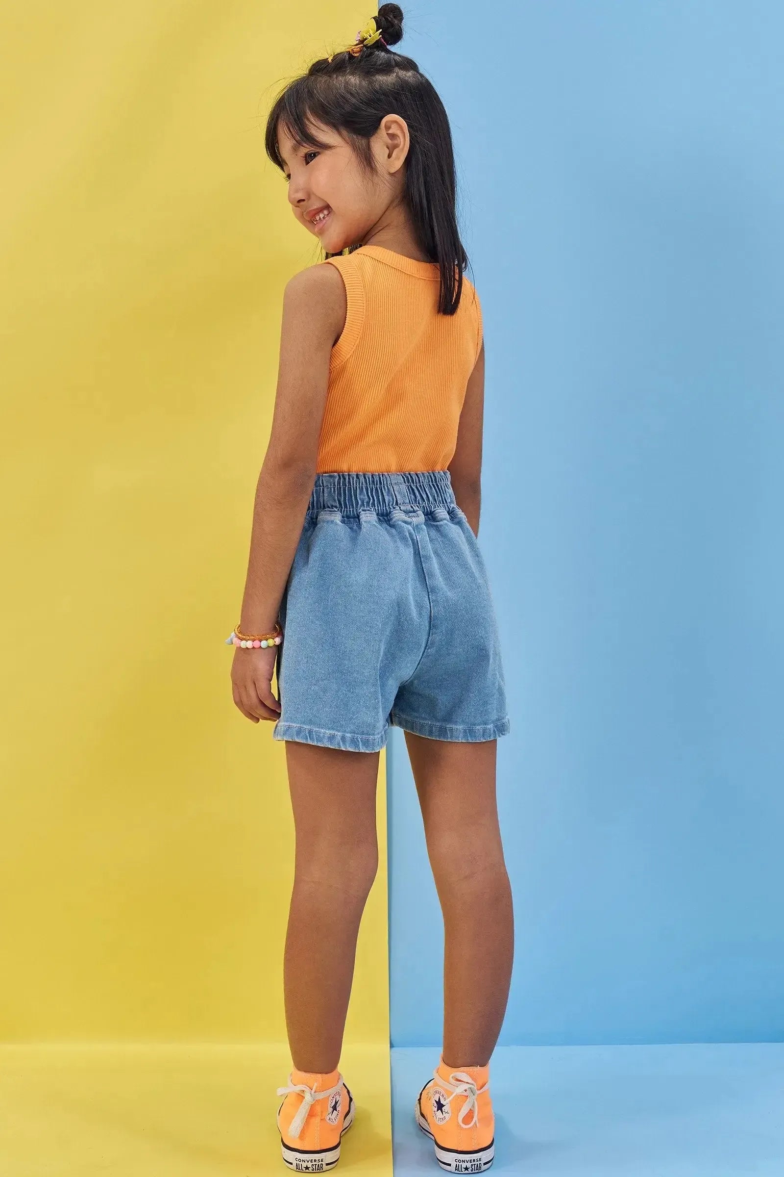 Conjunto de Blusa em Soft Line e Shorts em Jeans com Elastano 85813 Kukiê Infantil Menina