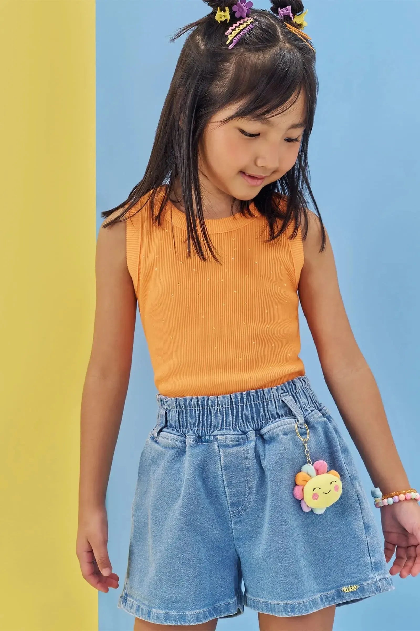 Conjunto de Blusa em Soft Line e Shorts em Jeans com Elastano 85813 Kukiê Infantil Menina