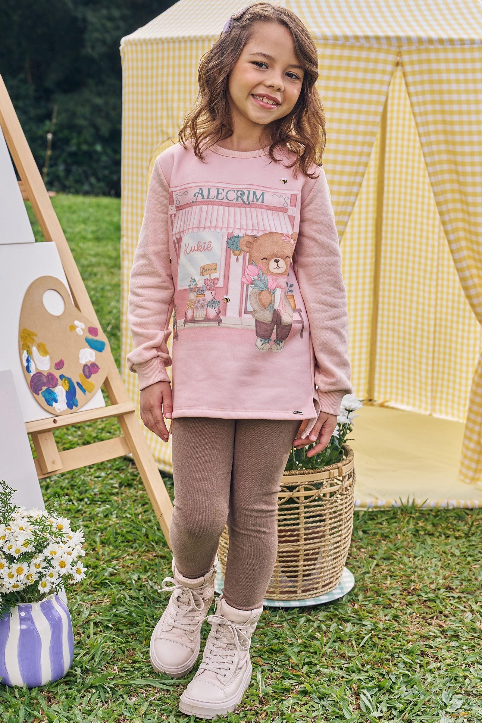 Conjunto de Blusão Alongado em Moletom com Pelúcia e Calça Legging em Canelado Comfy 89561 Kukiê Infantil Menina