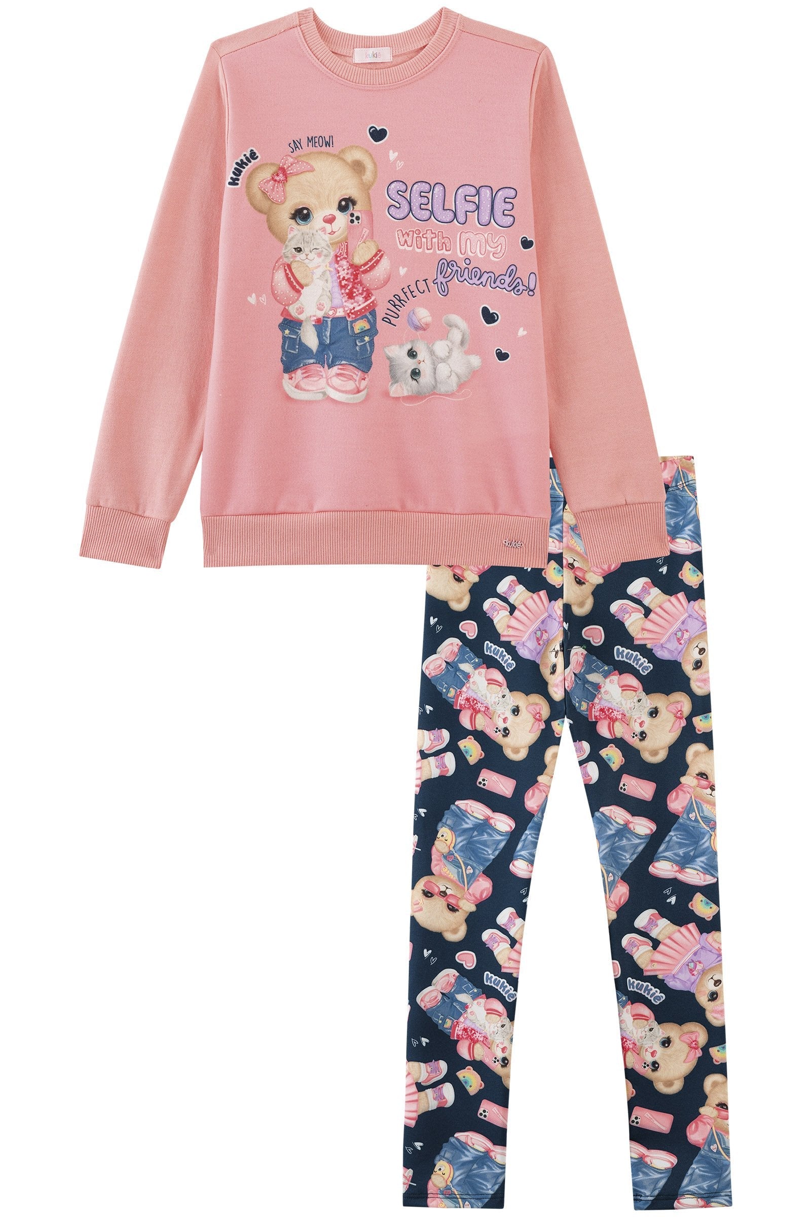 Conjunto de Blusão Alongado em Moletom com Pelúcia e Legging em Termoskin Peluciado 90296 Kukiê Infantil Menina