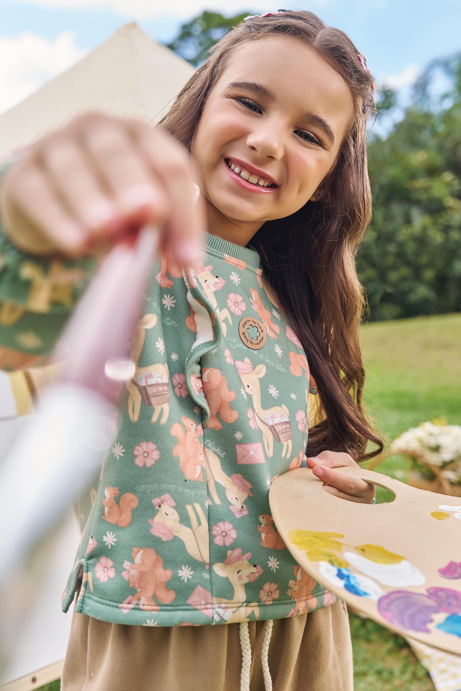 Conjunto de Blusão Boxy e Calça Wide Leg em Moletom com Pelúcia 89907 Kukiê Infantil Menina