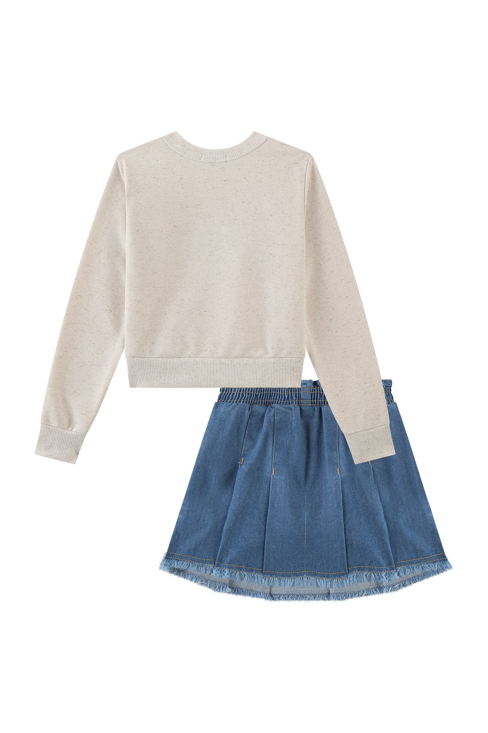 Conjunto de Blusão Boxy em Moletom Linho sem Pelúcia e Saia em Jeans 100% Algodão 90633 Kukiê Infantil Menina