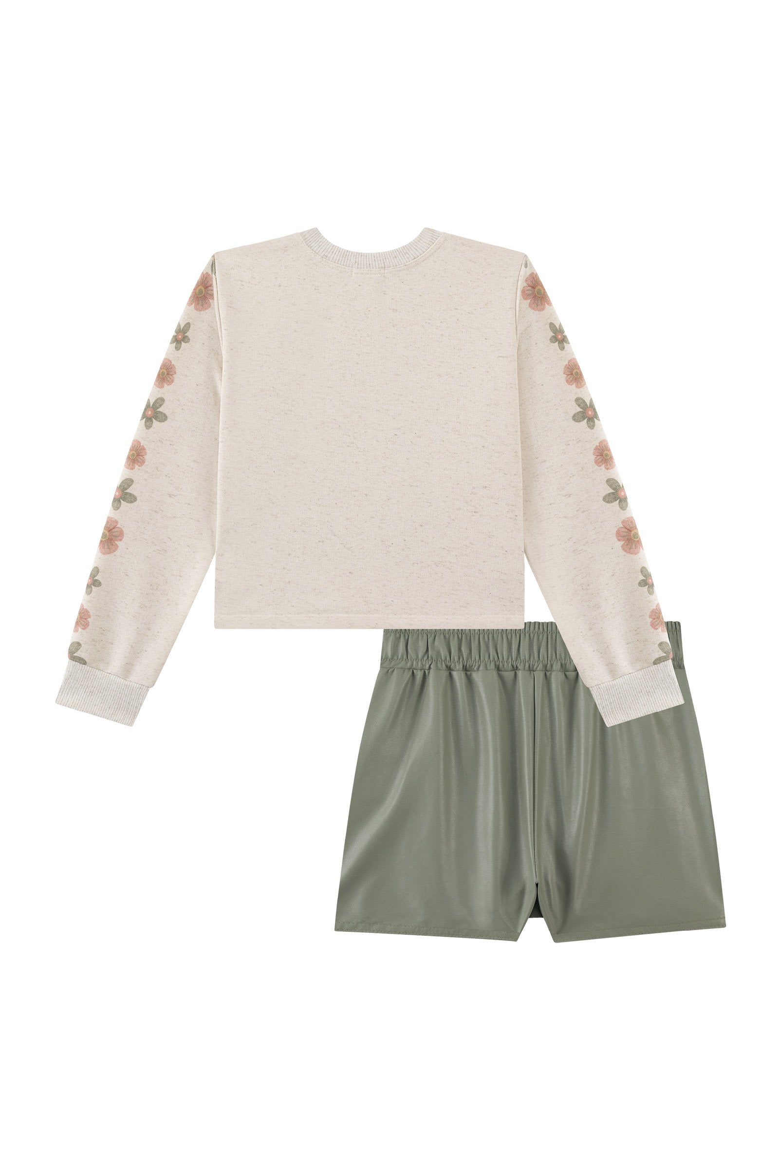 Conjunto de Blusão Boxy em Moletom Linho sem Pelúcia e Short Saia em Couro Eco 92451 Kukiê Infantil Menina