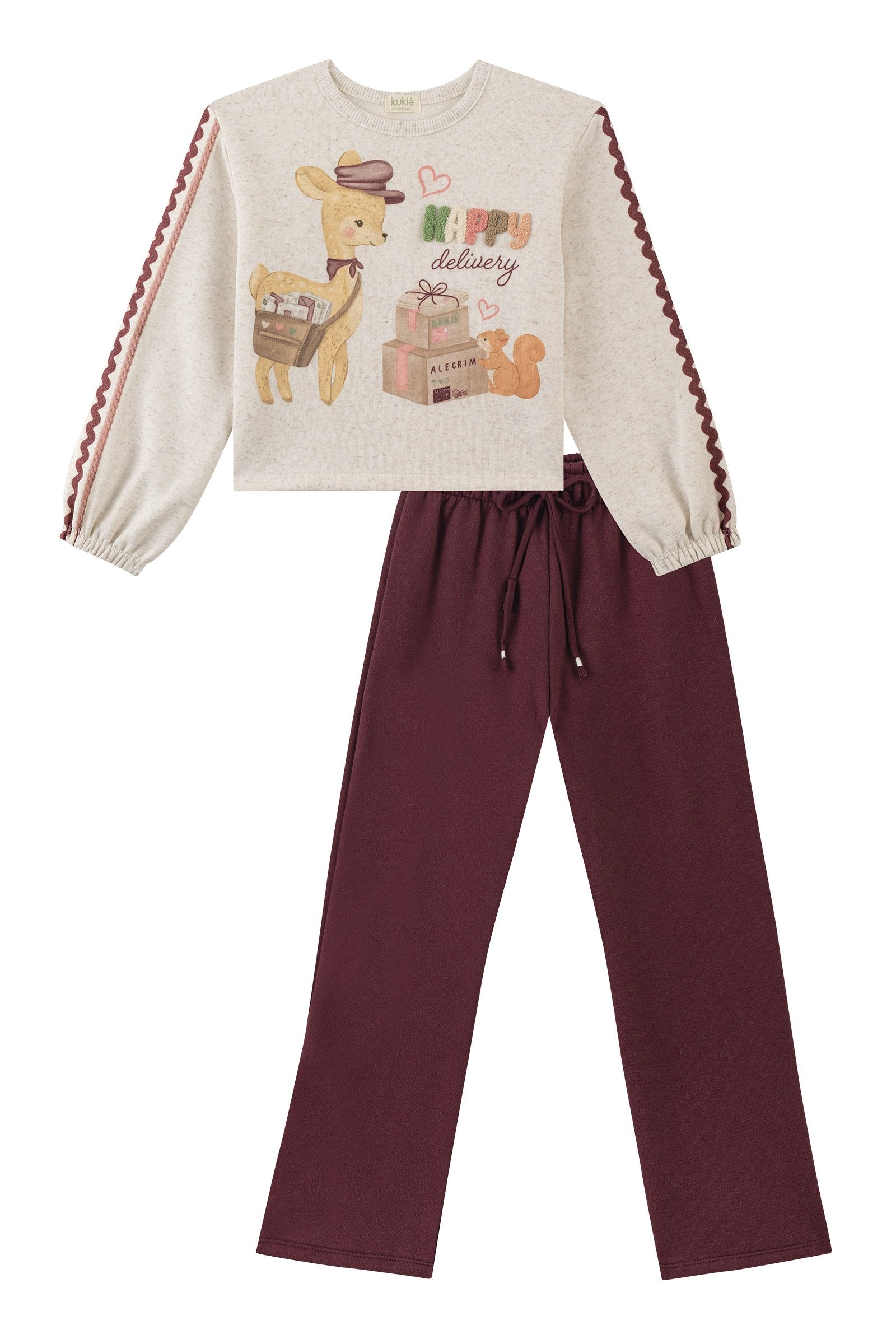 Conjunto de Blusão Boxy Over e Calça Reta em Moletom com Pelúcia 89889 Kukiê Infantil Menina