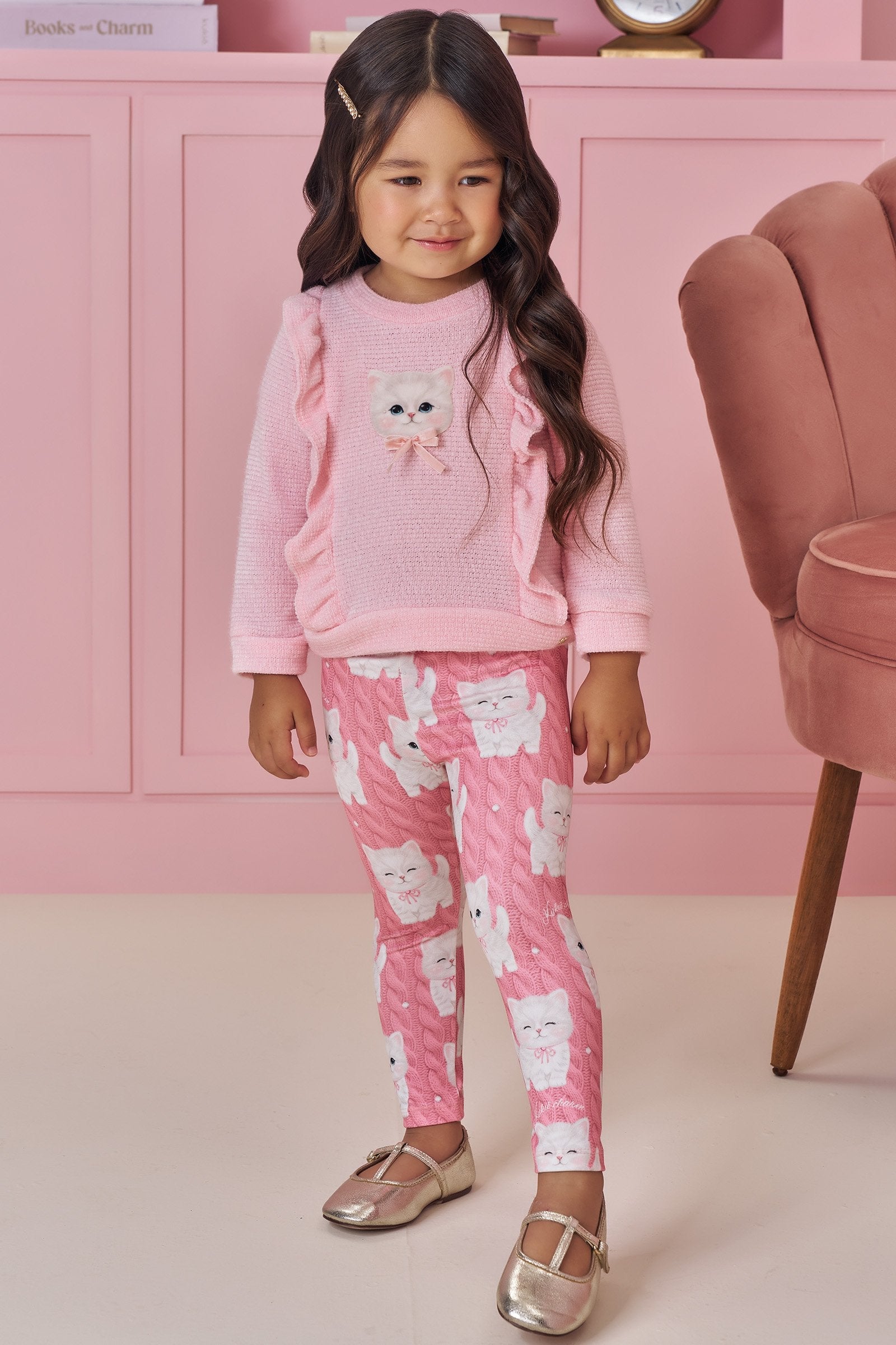 Conjunto de Blusão em Malha Tricot e Calça Legging em Termoskin Peluciado 94047 Kukiê Bebê Menina