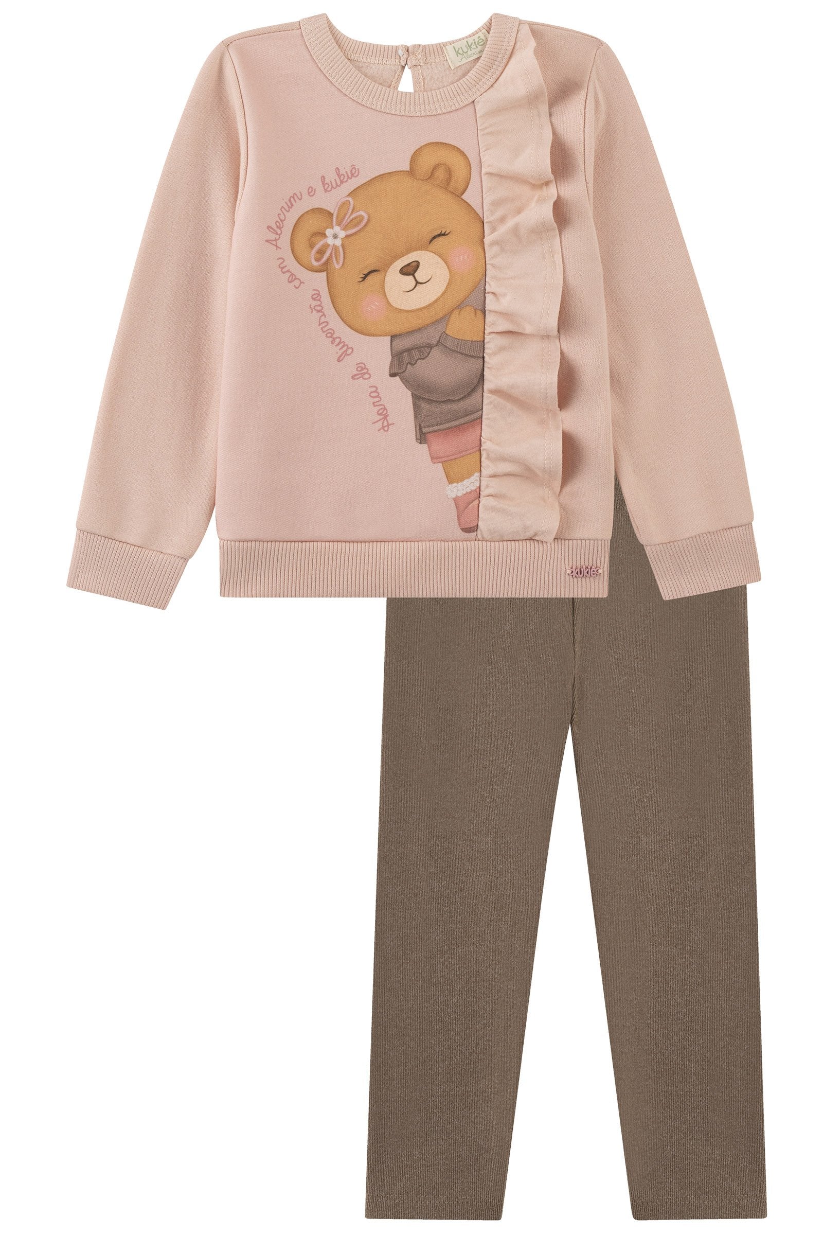 Conjunto de Blusão em Moletom com Pelúcia e Calça Legging em Canelado Comfy 90264 Kukiê Bebê Menina