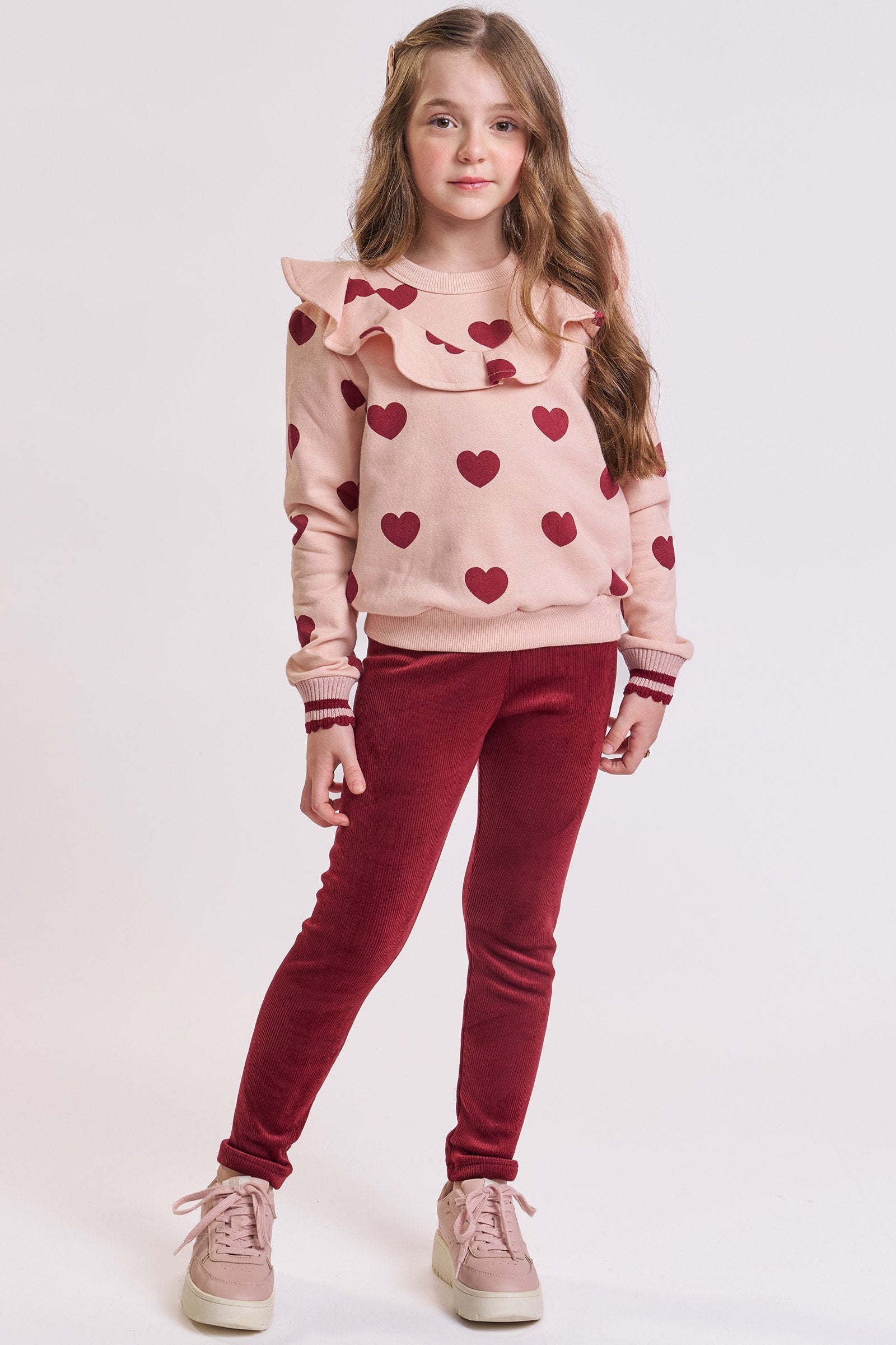 Conjunto de Blusão em Moletom com Pelúcia e Calça Legging em Canelado Cotelê 89841 Kukiê Infantil Menina