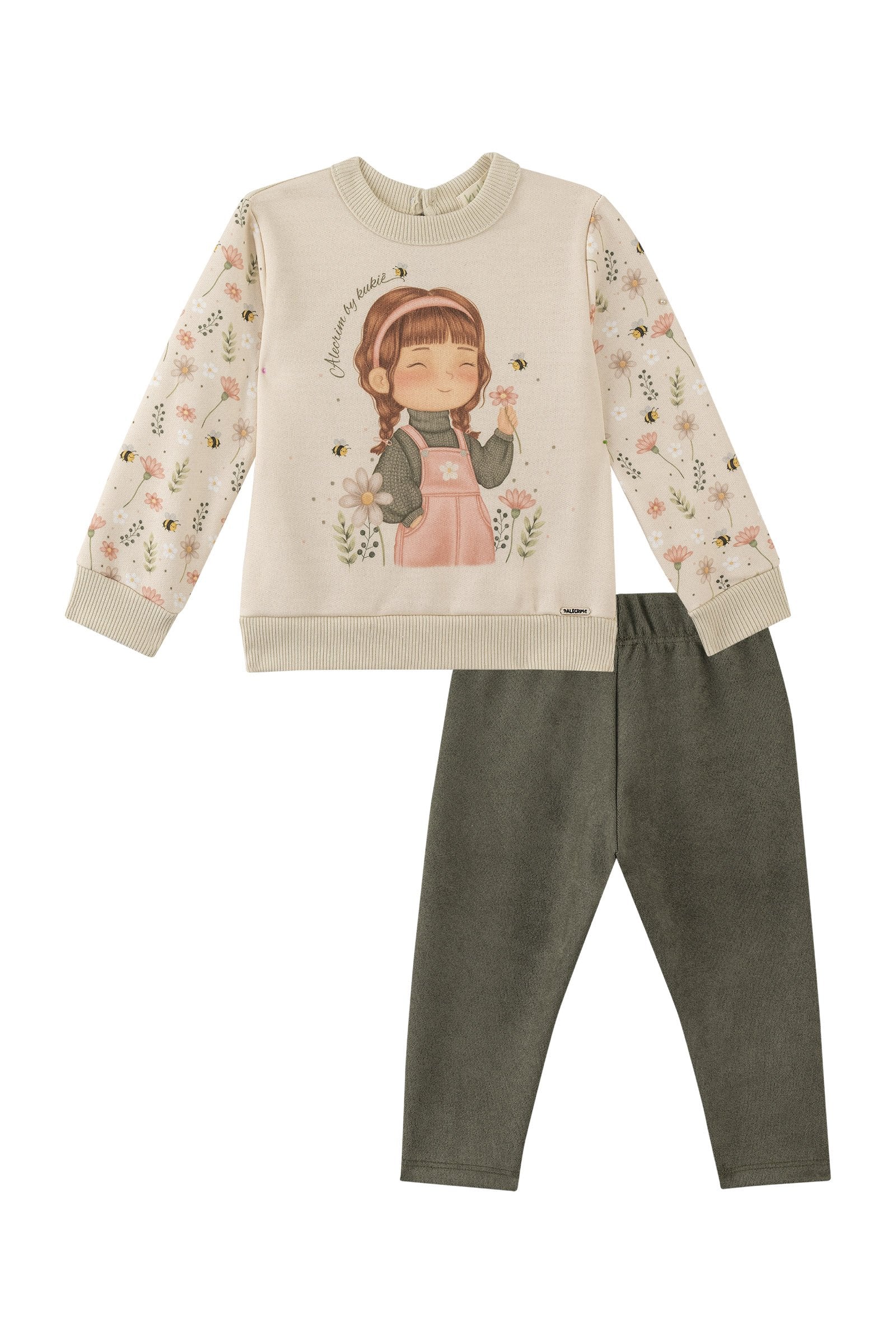 Conjunto de Blusão em Moletom com Pelúcia e Calça Legging em Cotelê Suede 90292 Kukiê Bebê Menina