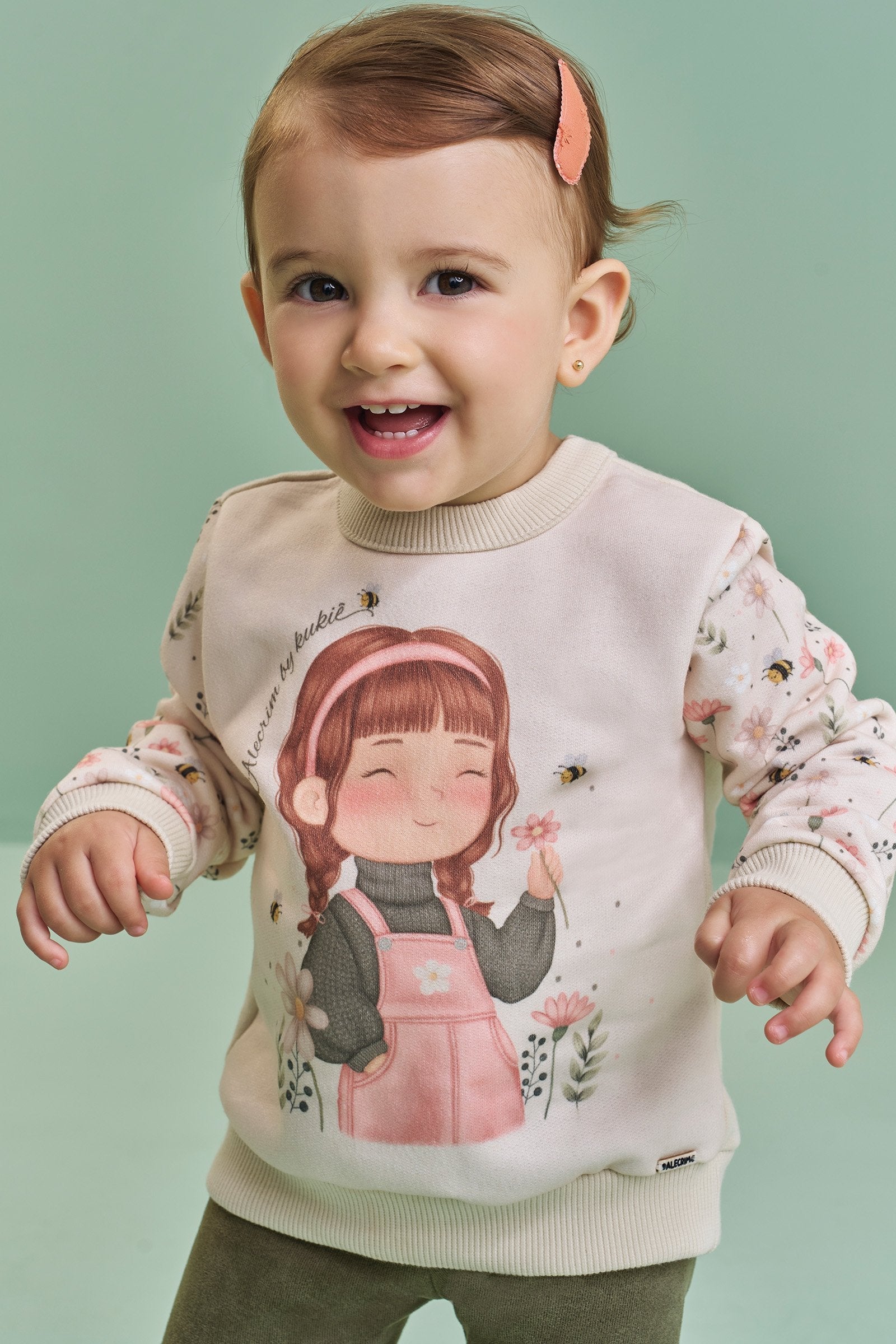 Conjunto de Blusão em Moletom com Pelúcia e Calça Legging em Cotelê Suede 90292 Kukiê Bebê Menina