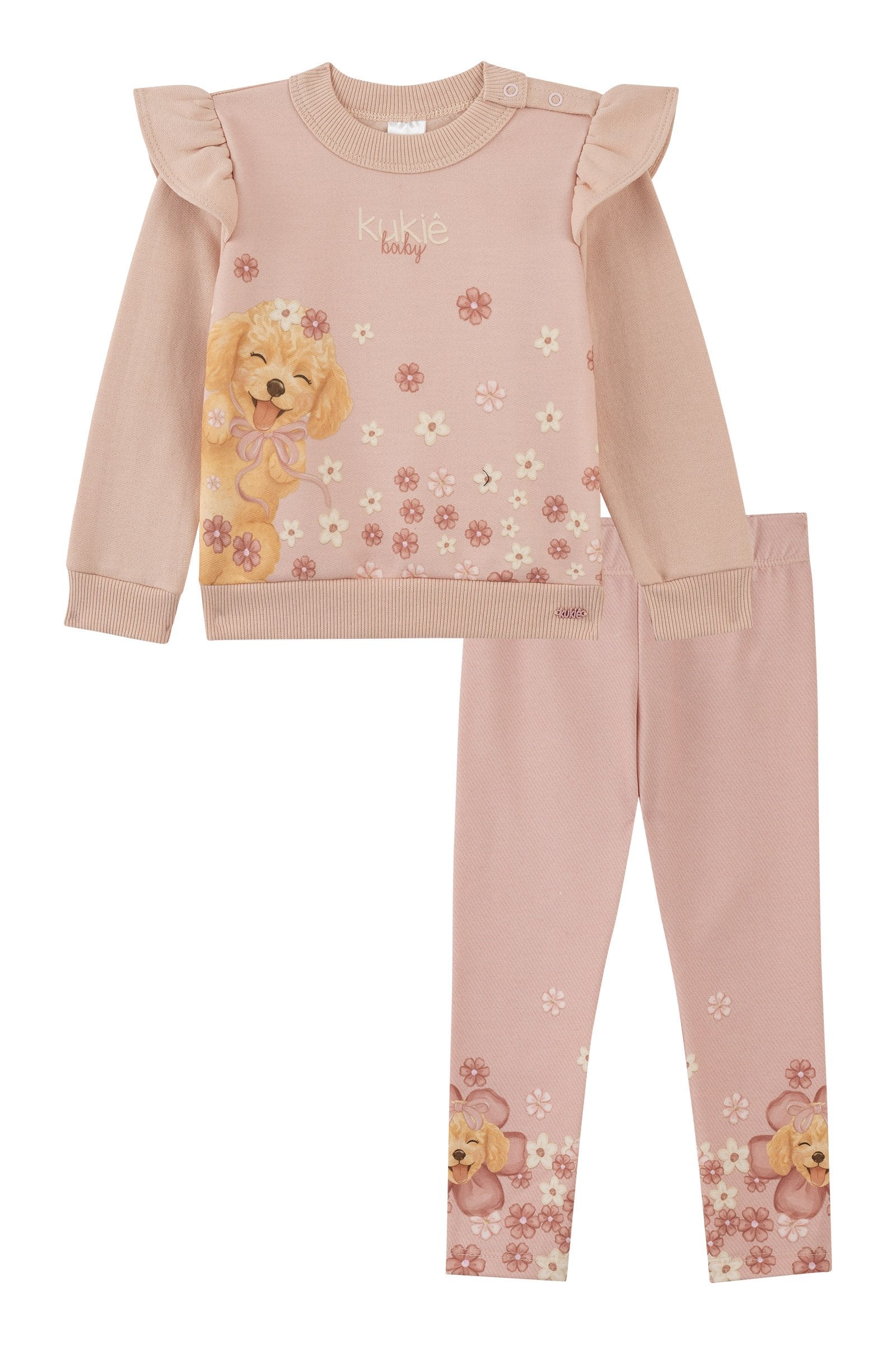 Conjunto de Blusão em Moletom com Pelúcia e Calça Legging em Termoskin Peluciado 92202 Kukiê Bebê Menina
