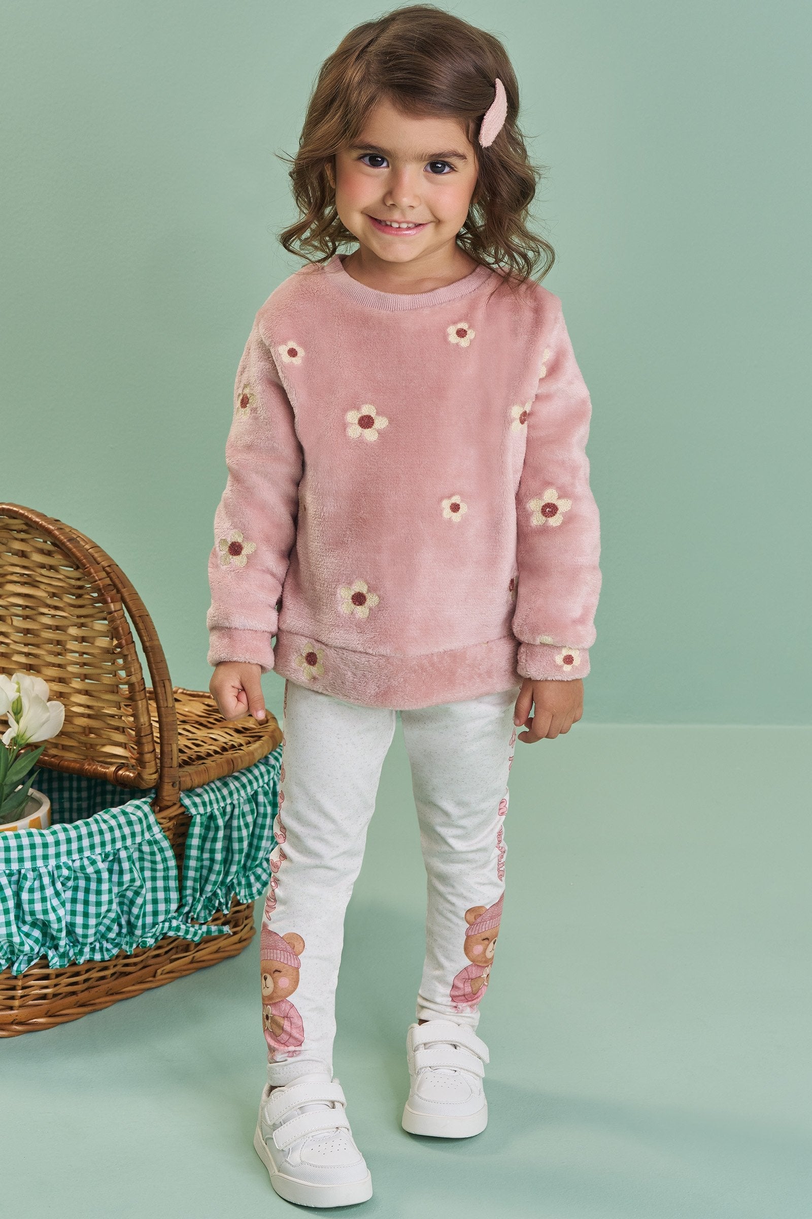 Conjunto de Blusão em Pêlo Bordado e Calça Legging em Termoskin Peluciado 92421 Kukiê Bebê Menina