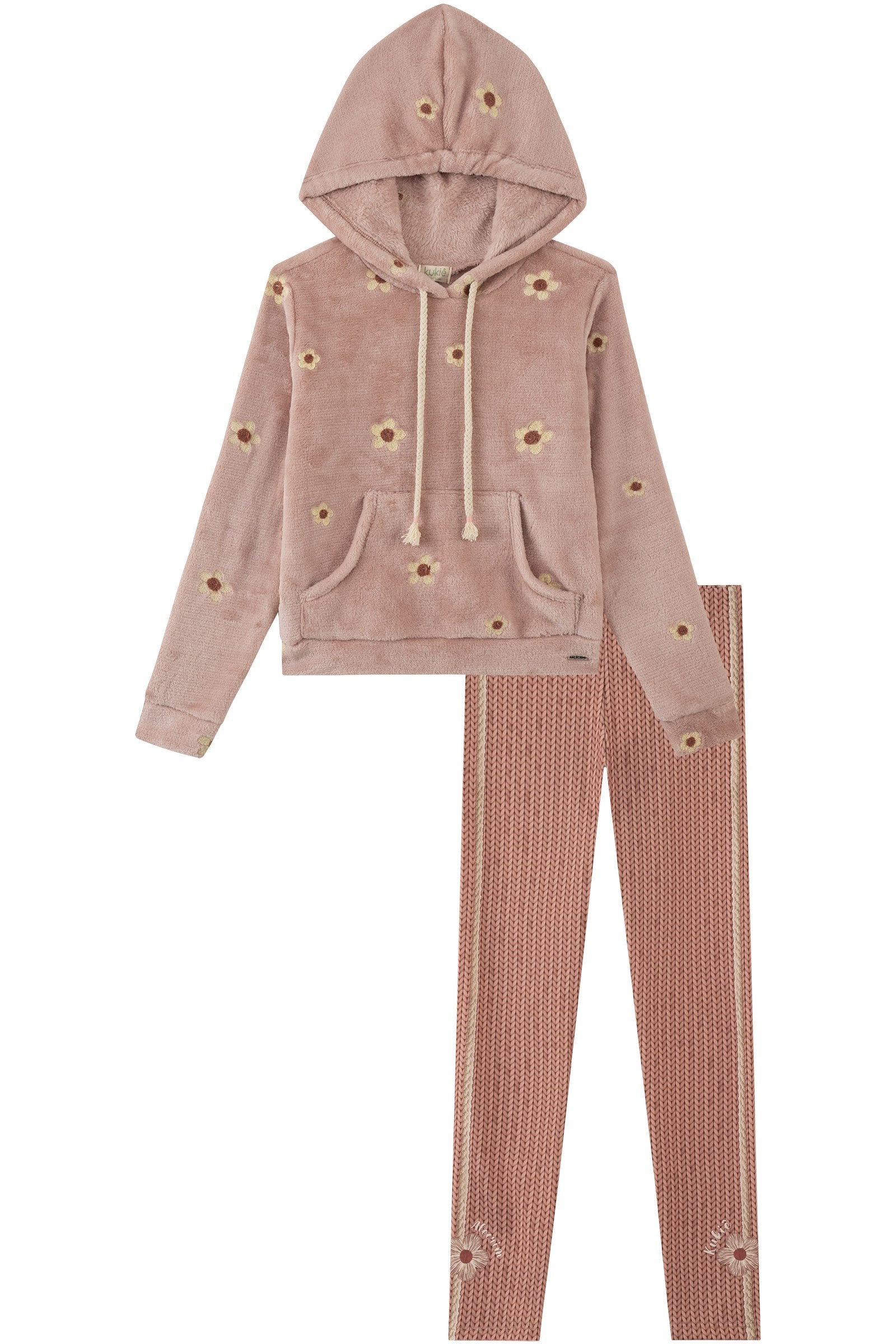 Conjunto de Blusão em Pêlo Bordado e Calça Legging em Termoskin Peluciado 92445 Kukiê Infantil Menina