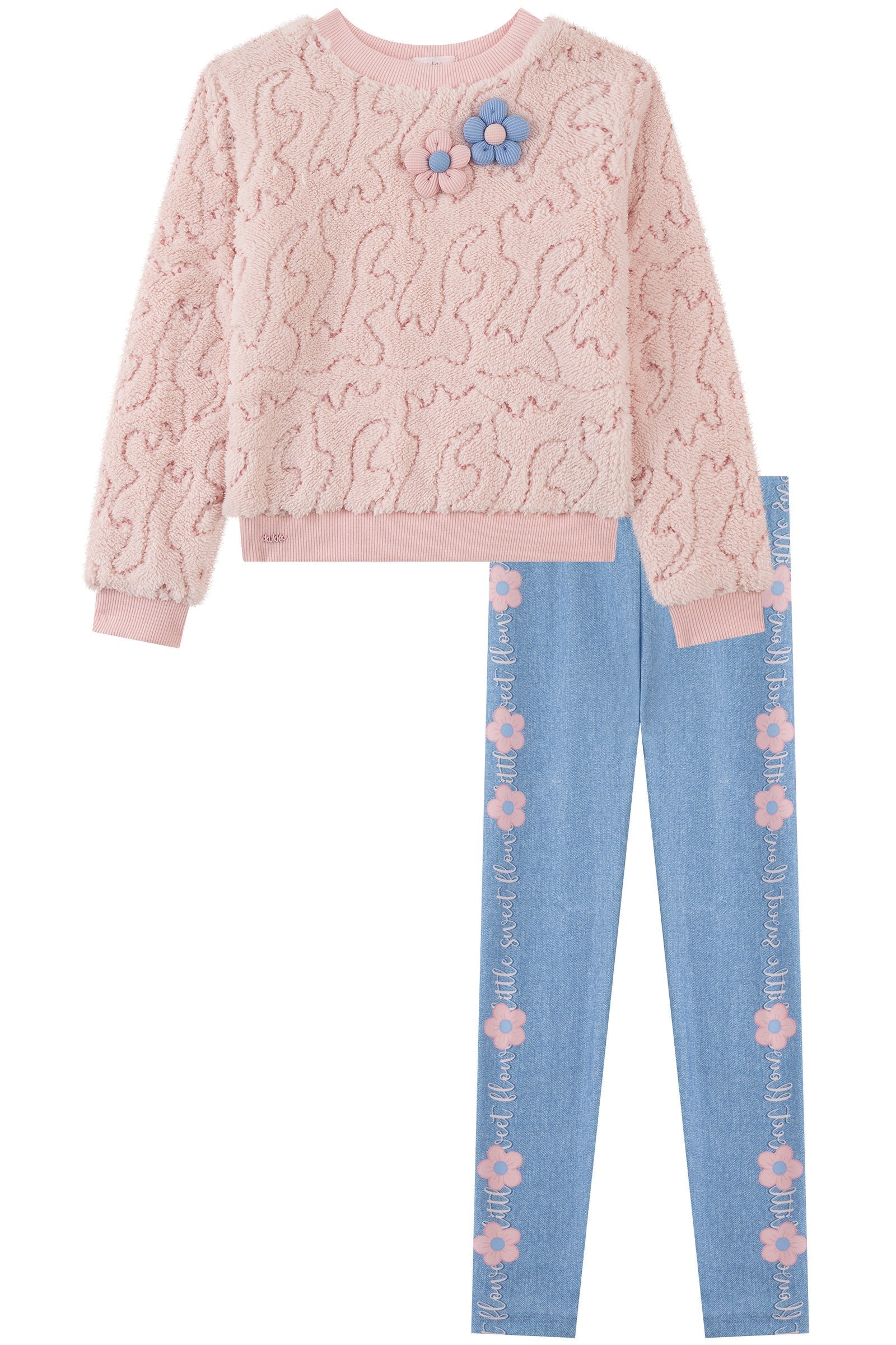 Conjunto de Blusão em Pelo Carneirinho Paetê e Calça Legging em Termoskin Peluciado 92489 Kukiê Infantil Menina