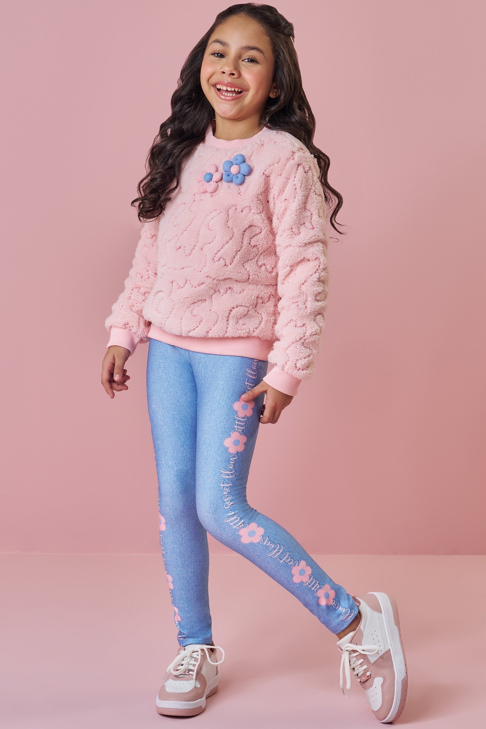 Conjunto de Blusão em Pelo Carneirinho Paetê e Calça Legging em Termoskin Peluciado 92489 Kukiê Infantil Menina