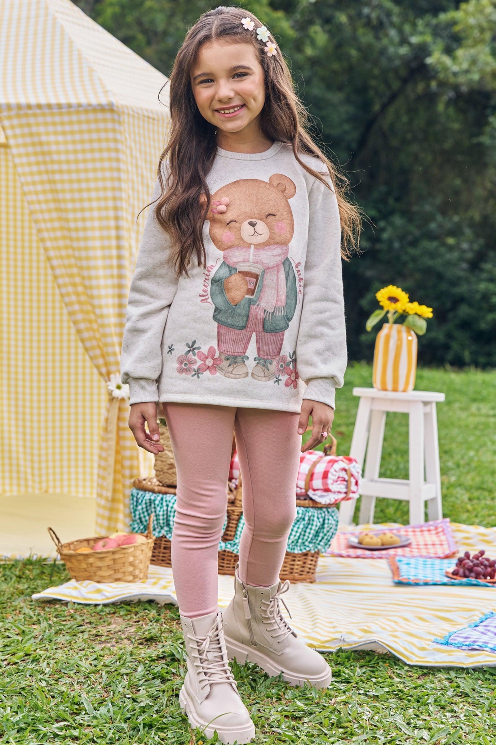 Conjunto de Blusão Over em Moletom Linho com Pelúcia e Calça Legging em Canelado Comfy 89572 Kukiê Infantil Menina