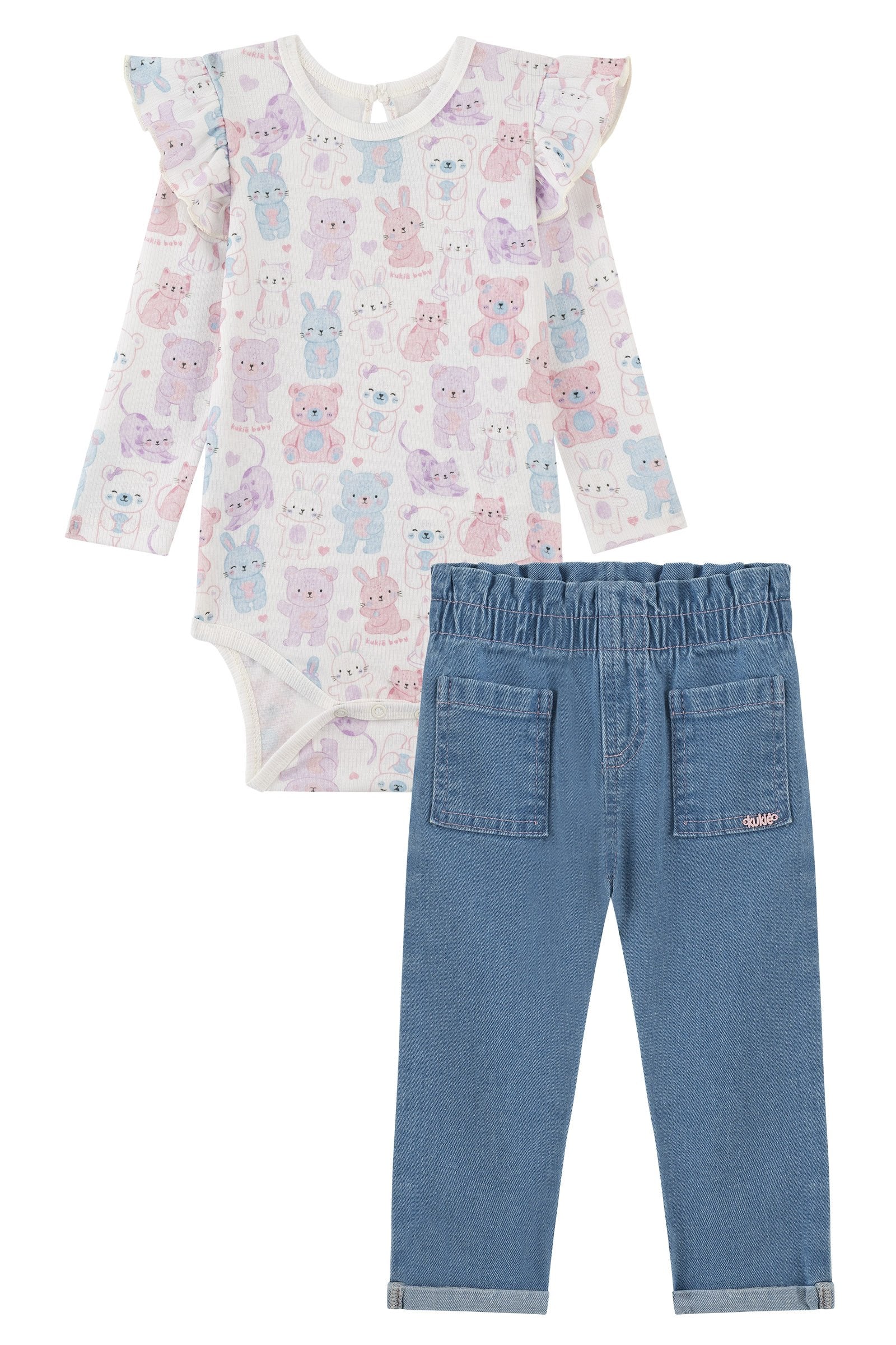 Conjunto de Body em Canelado e Calça em Jeans com Elastano 91968 Kukiê Bebê Menina