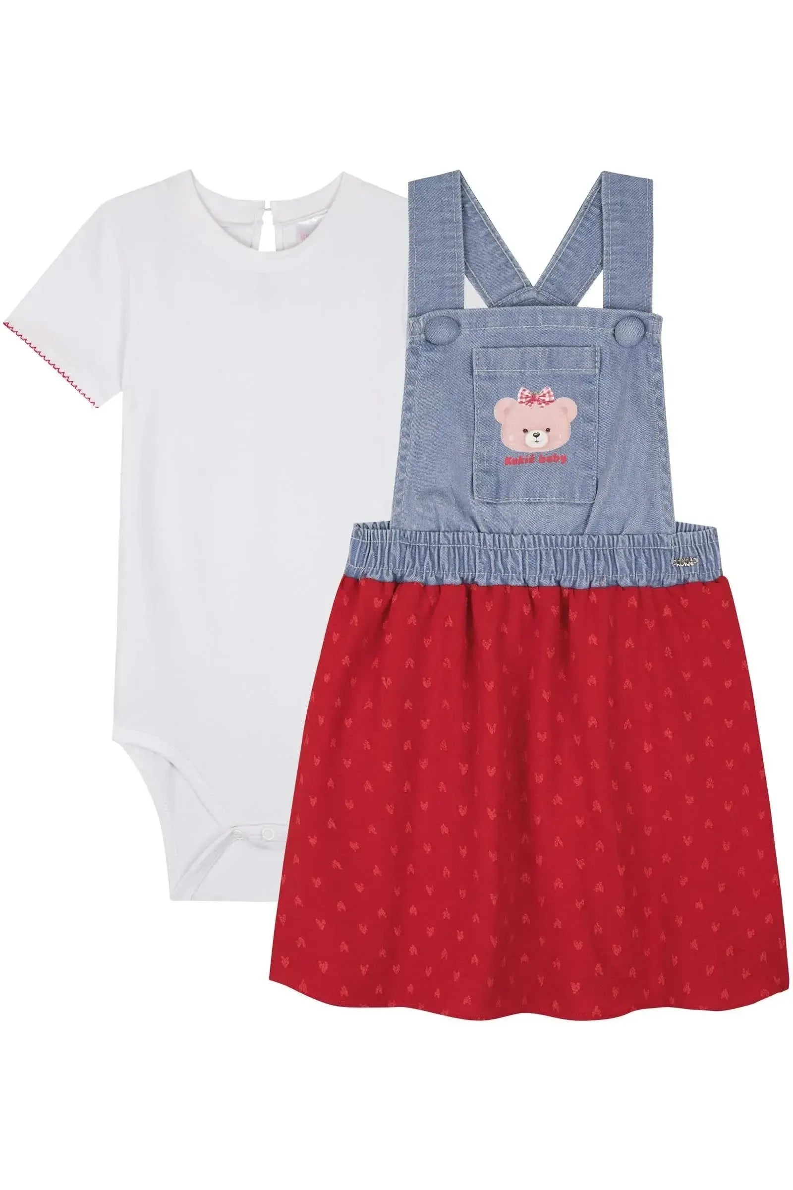 Conjunto de Body em Cotton e Salopete em Jeans com Elastano e Tecido Textura 85780 Kukiê Bebê Menina