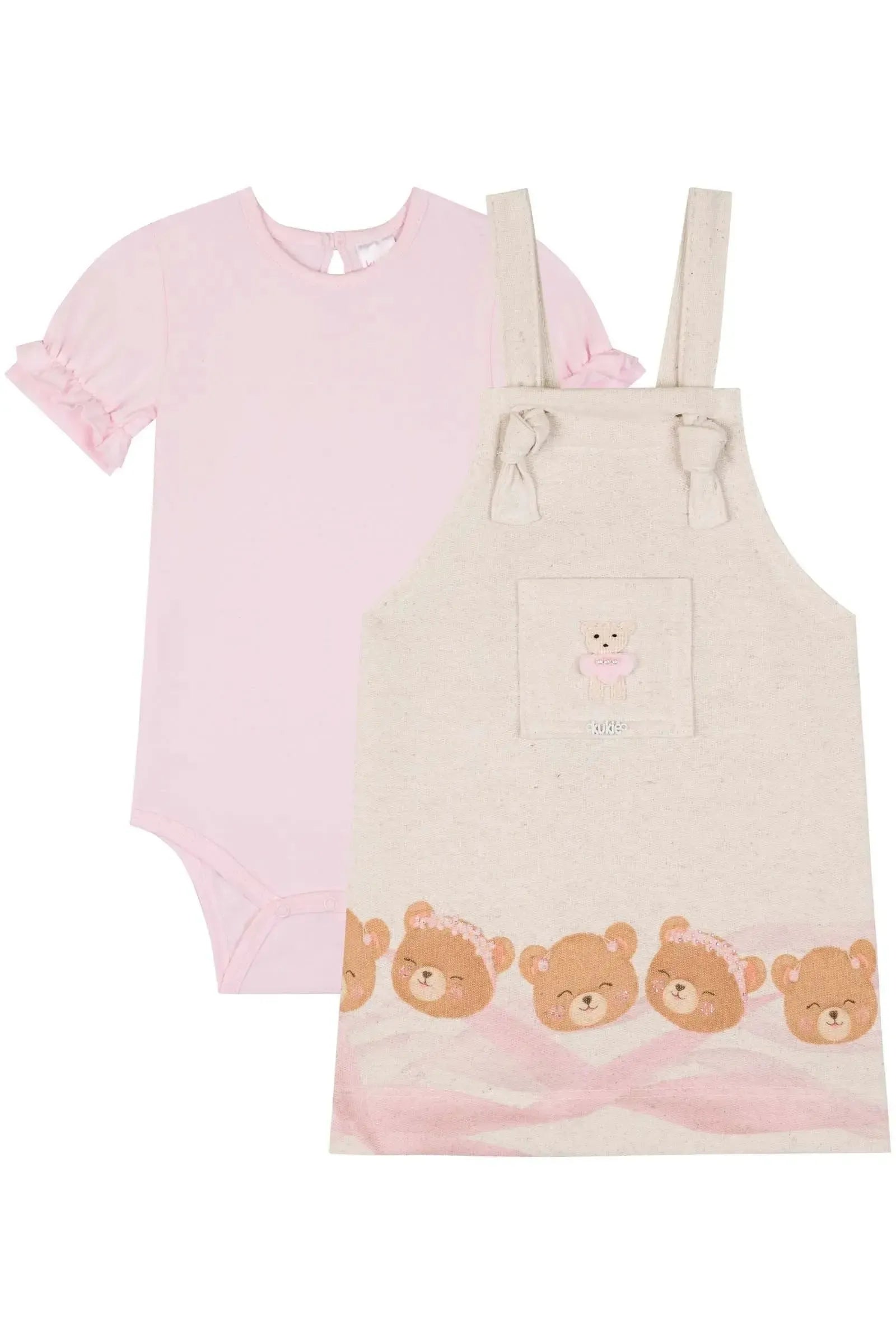 Conjunto de Body em Cotton e Salopete em Moletom Linho sem Pelúcia 85564 Kukiê Bebê Menina