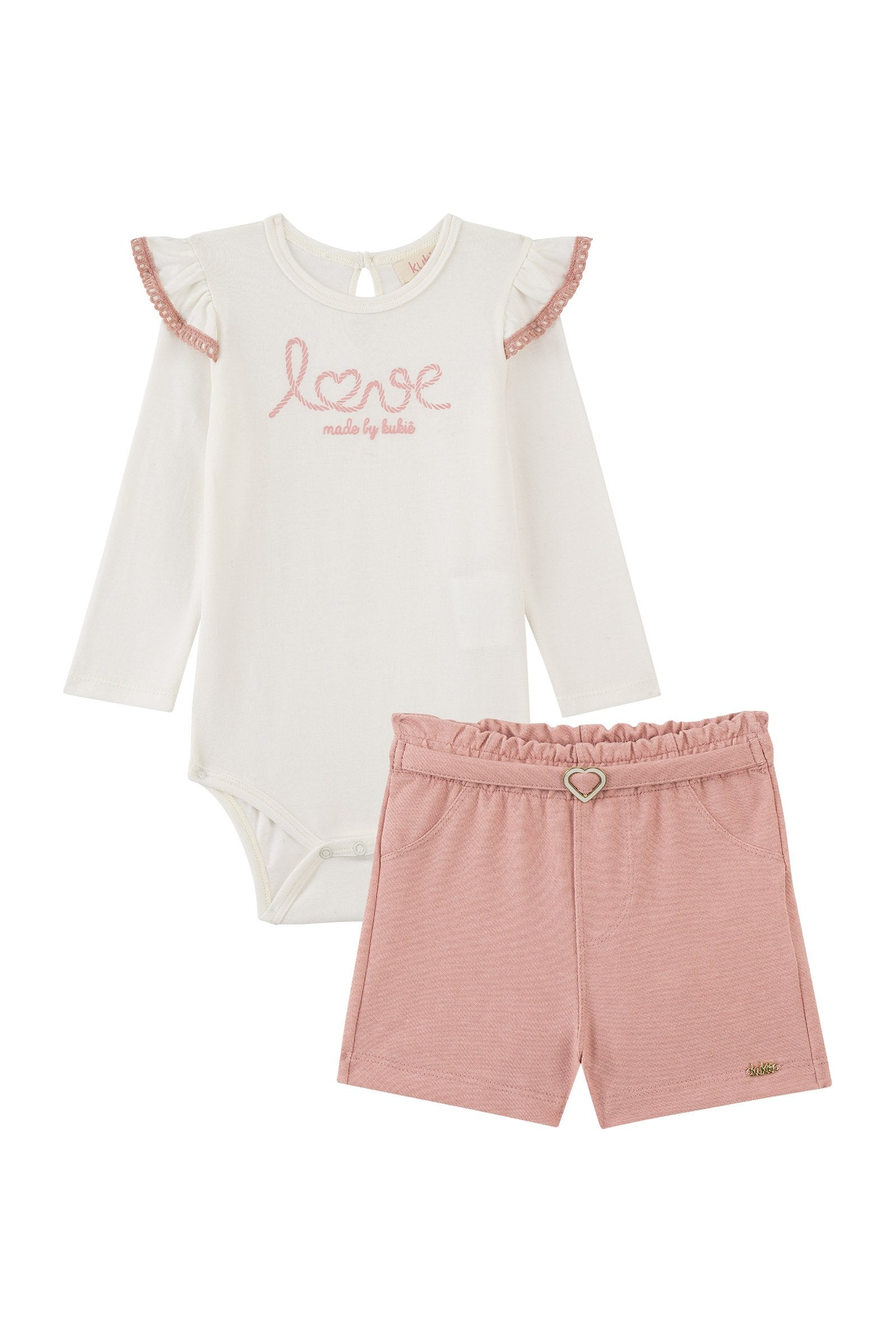Conjunto de Body em Cotton e Shorts em Cotton Jeans 91960 Kukiê Bebê Menina