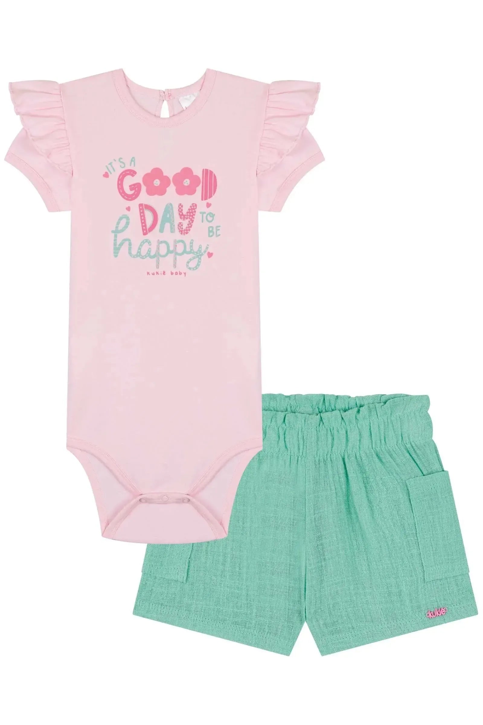 Conjunto de Body em Cotton e Shorts em Crepe de Algodão 85585 Kukiê Bebê Menina