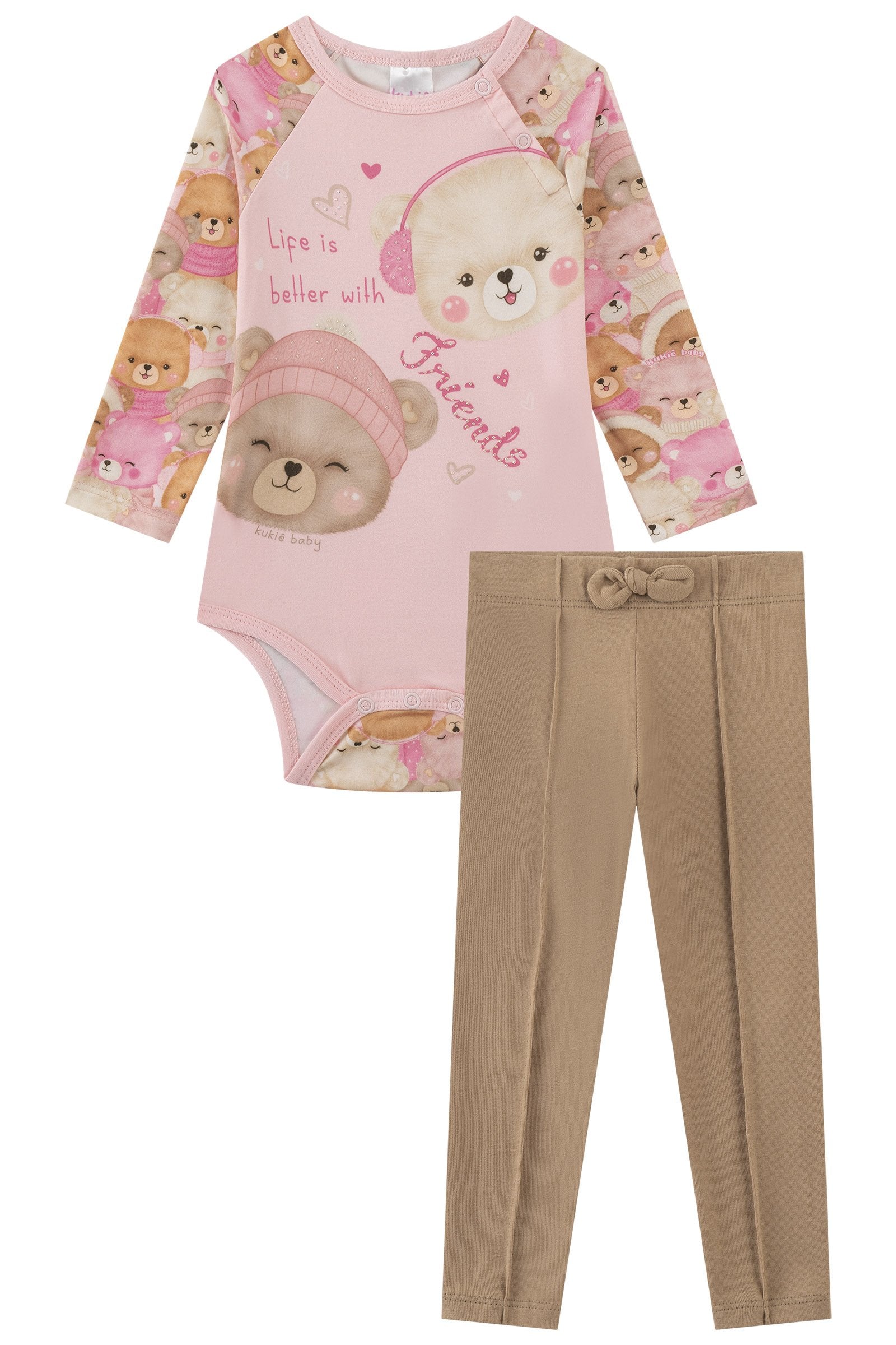 Conjunto de Body em Malha Comfy e Calça Legging em Cotton 91953 Kukiê Bebê Menina