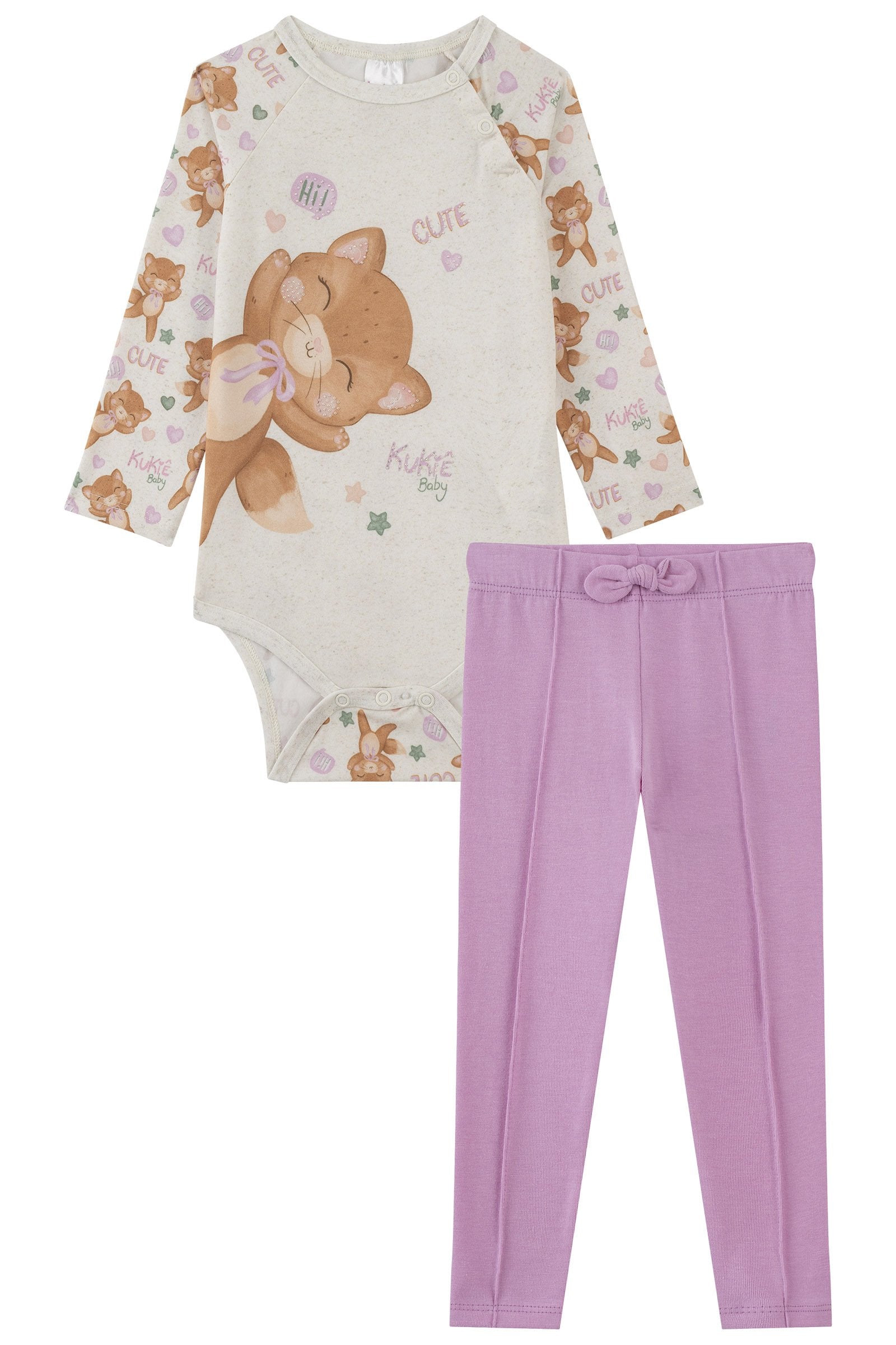 Conjunto de Body em Malha Comfy e Calça Legging em Cotton 91956 Kukiê Bebê Menina