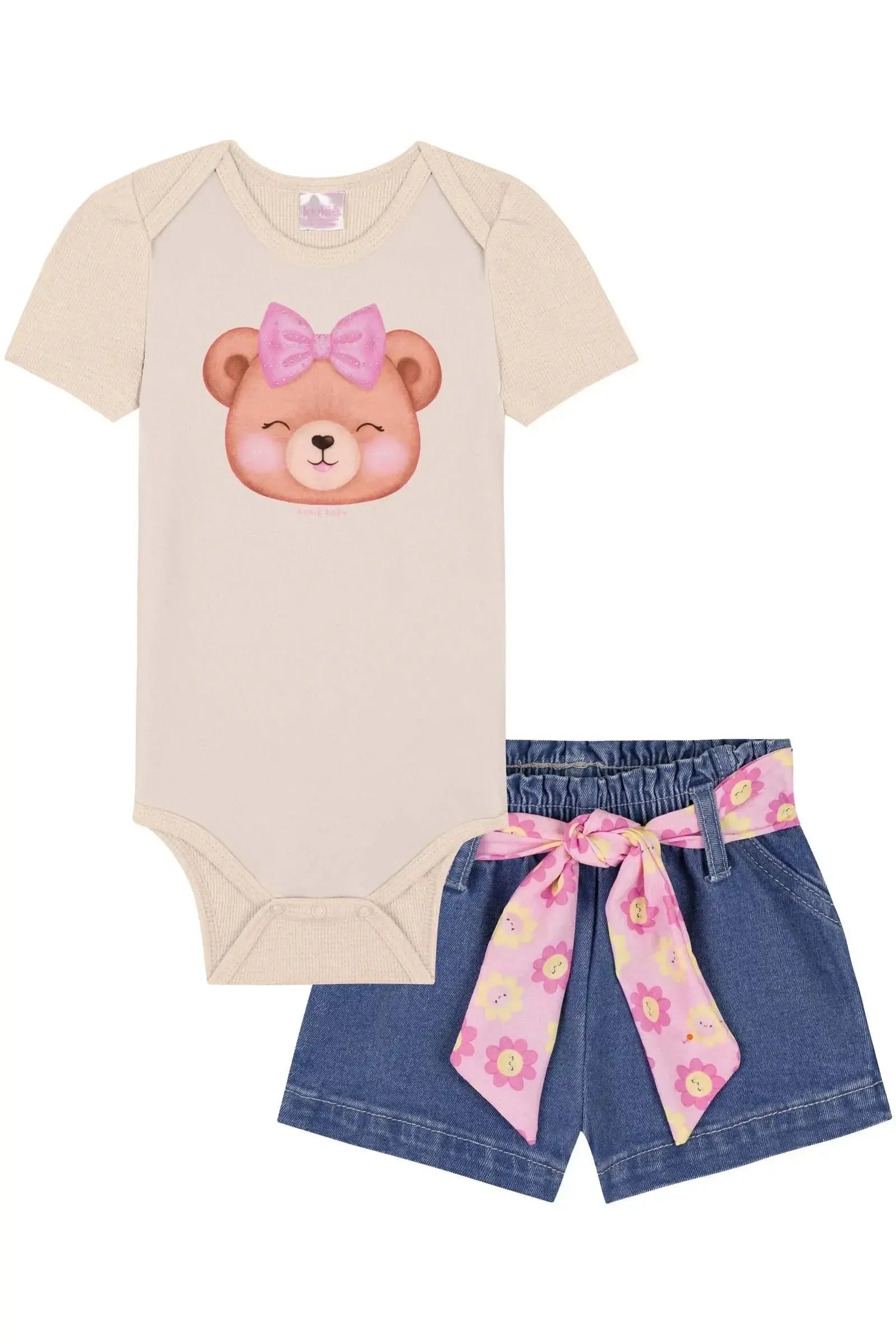 Conjunto de Body em Malha Little Waffle e Shorts em Jeans com Elastano 85381 Kukiê Bebê Menina