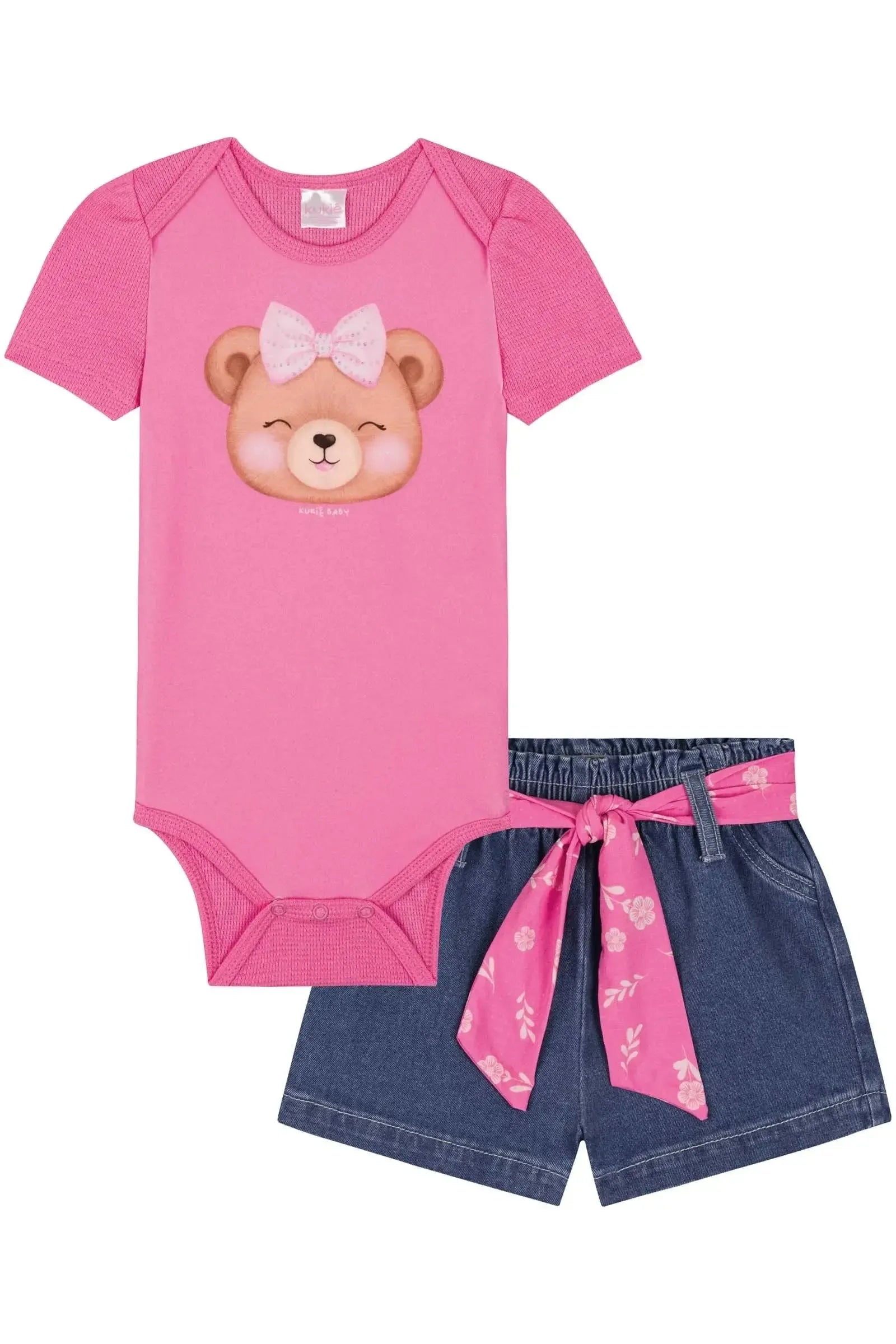 Conjunto de Body em Malha Little Waffle e Shorts em Jeans com Elastano 85381 Kukiê Bebê Menina