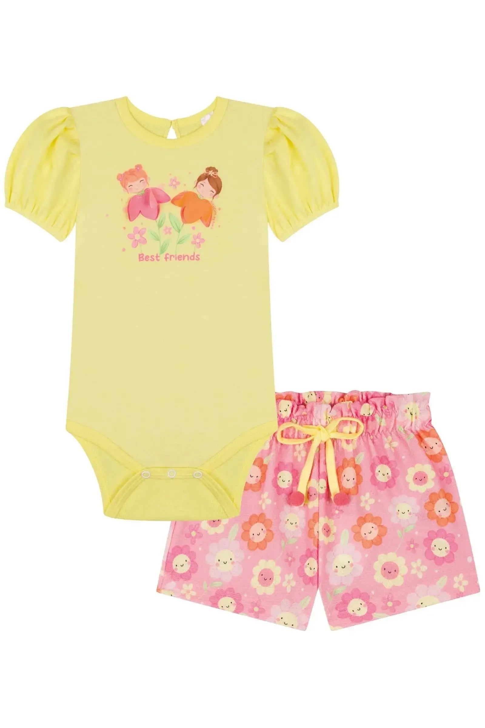 Conjunto de Body em Ribana 1x1 e Shorts em Malha Favo 85096 Kukiê Bebê Menina