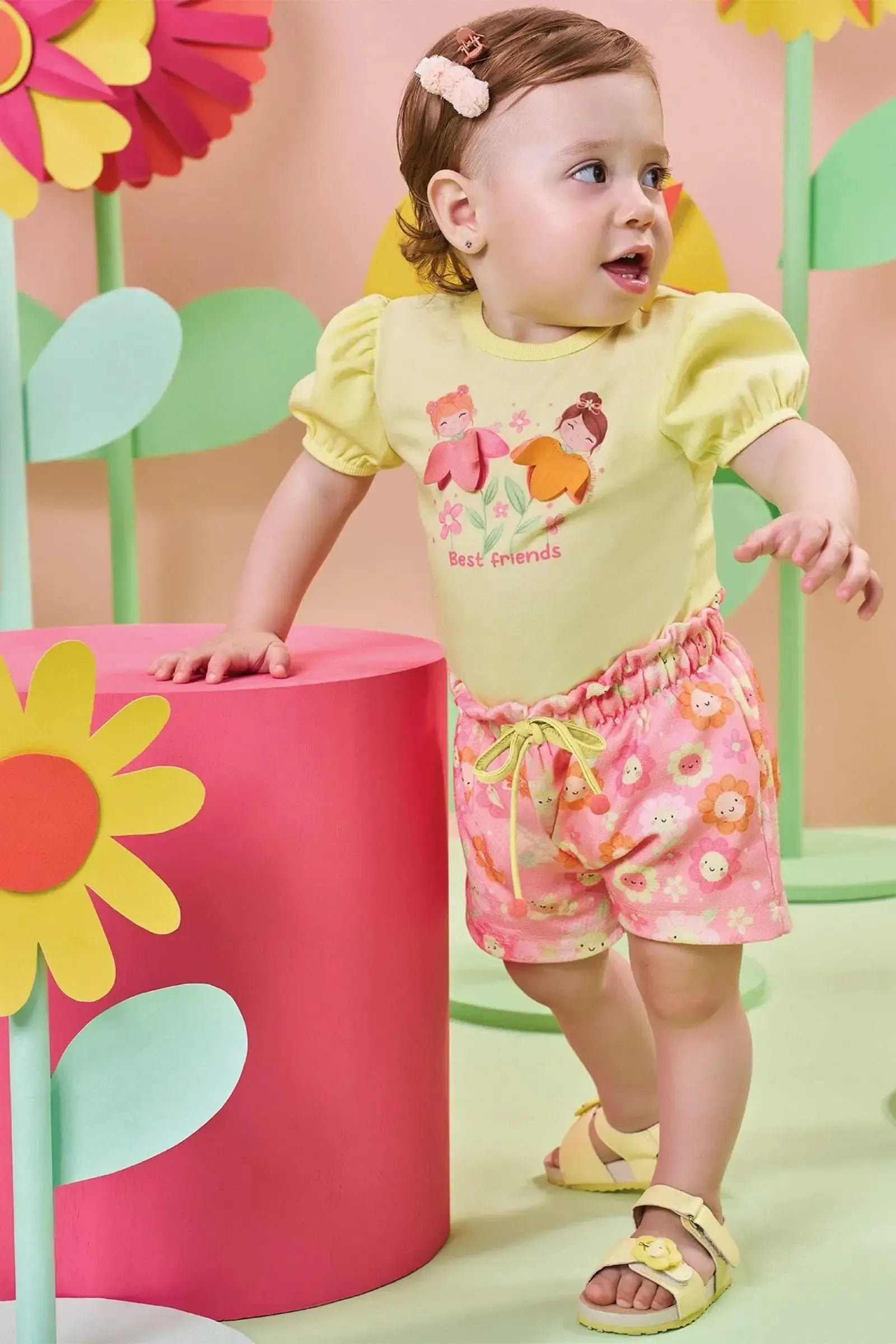 Conjunto de Body em Ribana 1x1 e Shorts em Malha Favo 85096 Kukiê Bebê Menina