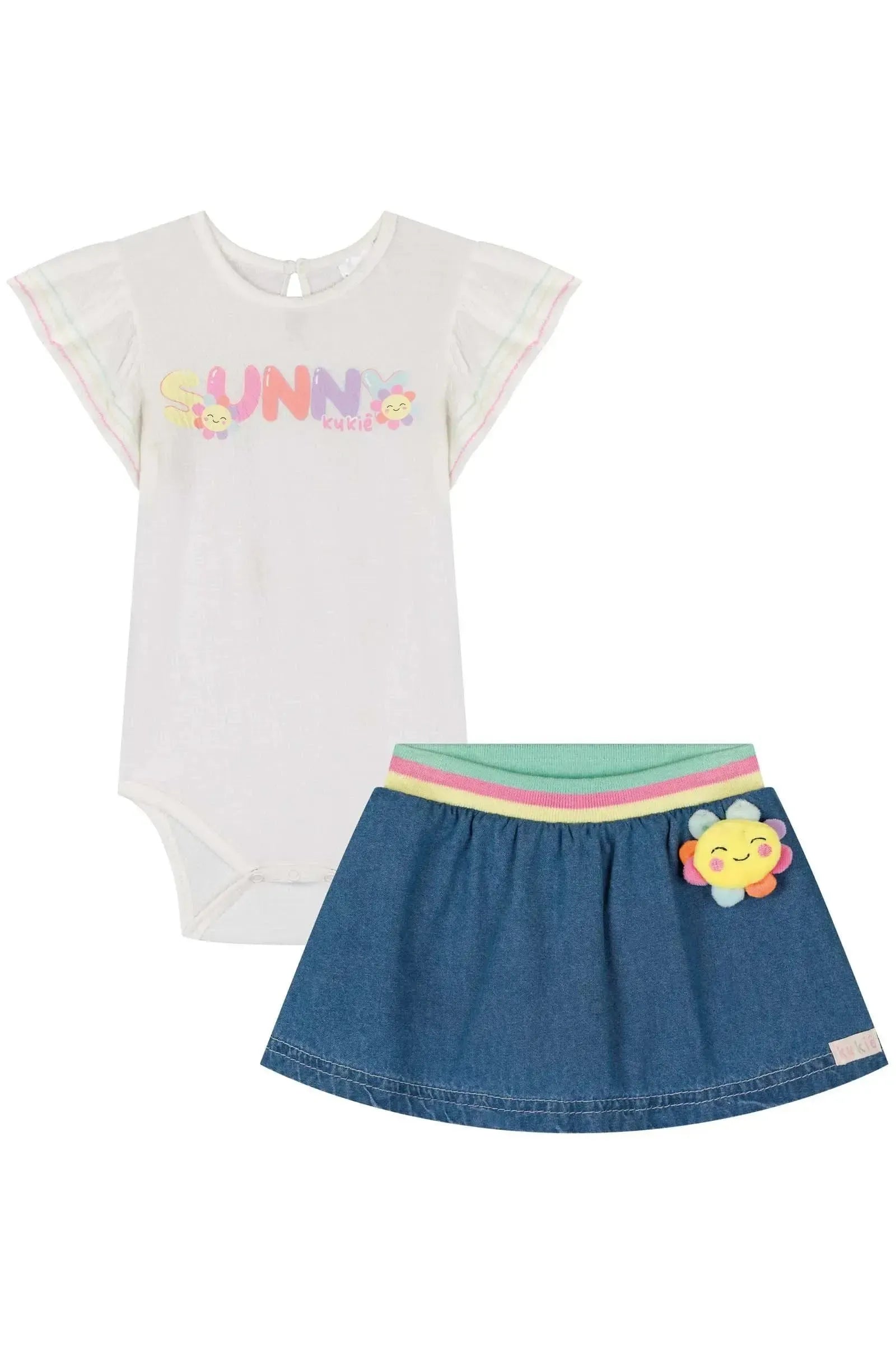 Conjunto de Body em Ribana e Short Saia em Jeans 85735 Kukiê Bebê Menina