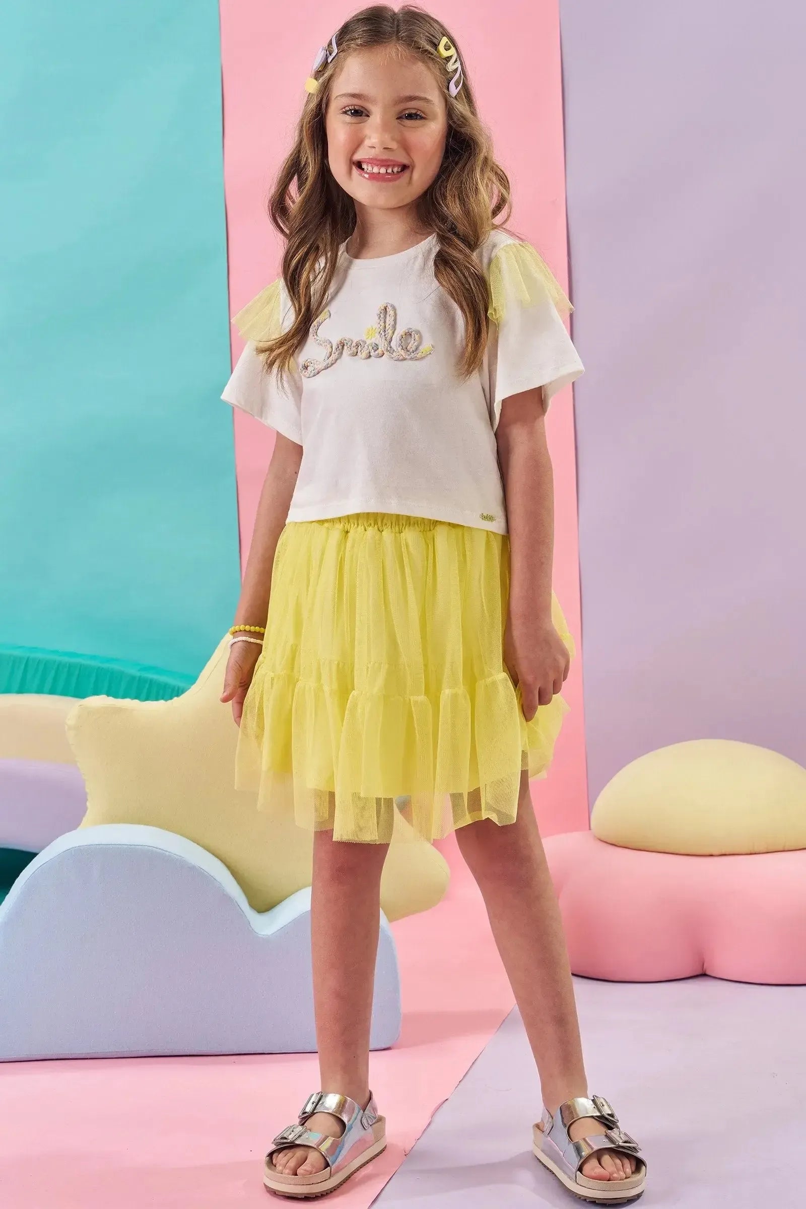 Conjunto de Boxy Over em Malha Favo e Saia em Tule (com Shorts Embutido) 83486 Kukiê Infantil Menina