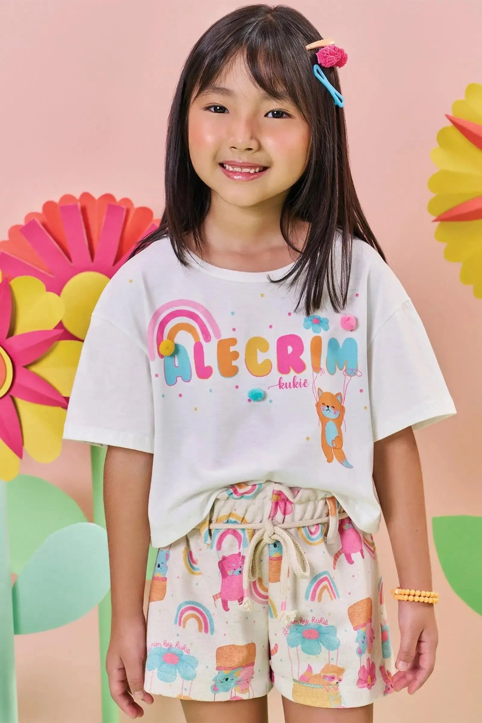 Conjunto de Boxy Over em Meia Malha e Shorts em Moletom Linho 84529 Kukiê Infantil Menina