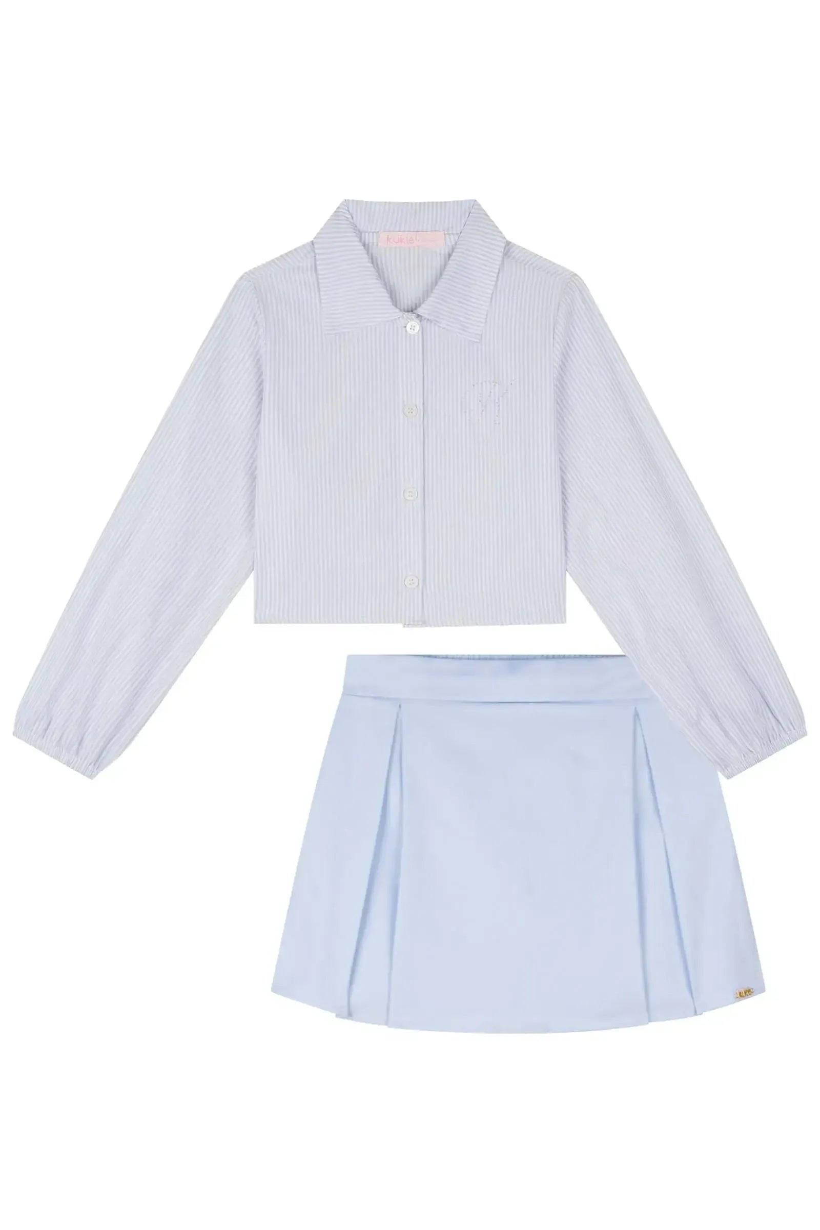 Conjunto de Camisa em Tricoline de Algodão e Short Saia em Sarja com Elastano 83739 Kukiê Infantil Menina