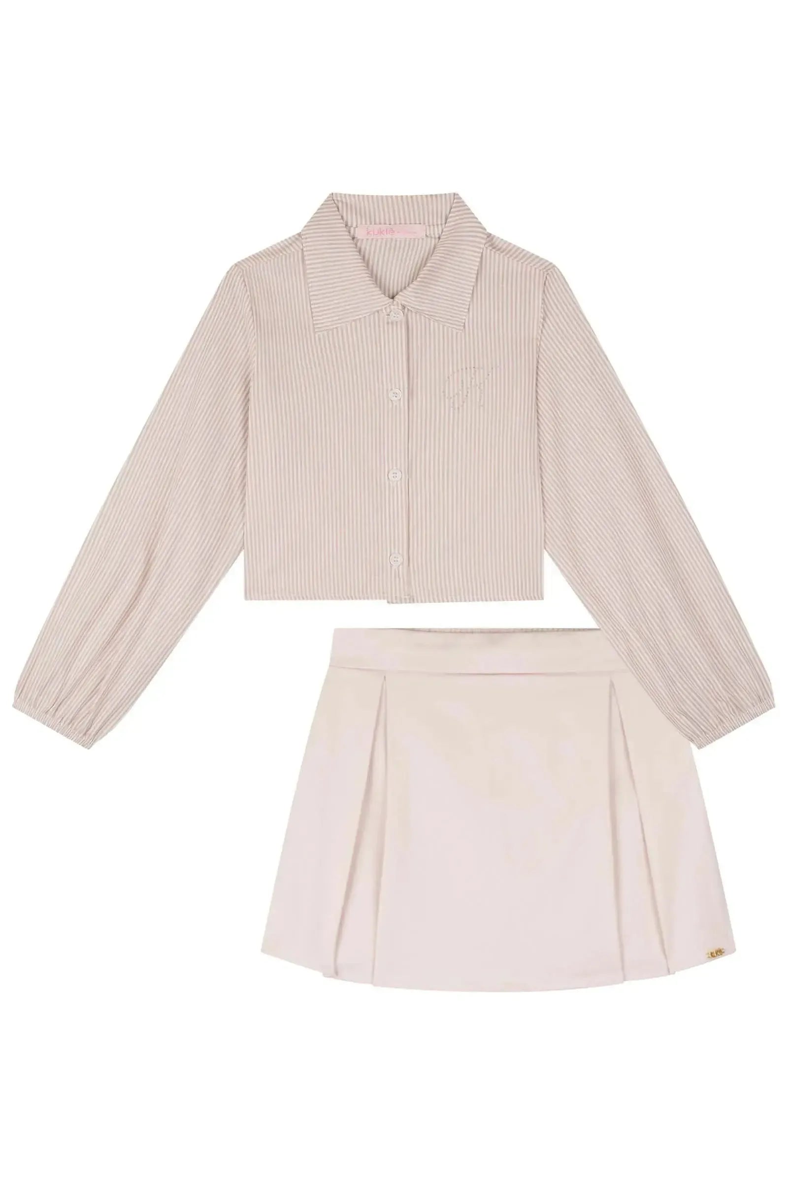 Conjunto de Camisa em Tricoline de Algodão e Short Saia em Sarja com Elastano 83739 Kukiê Infantil Menina