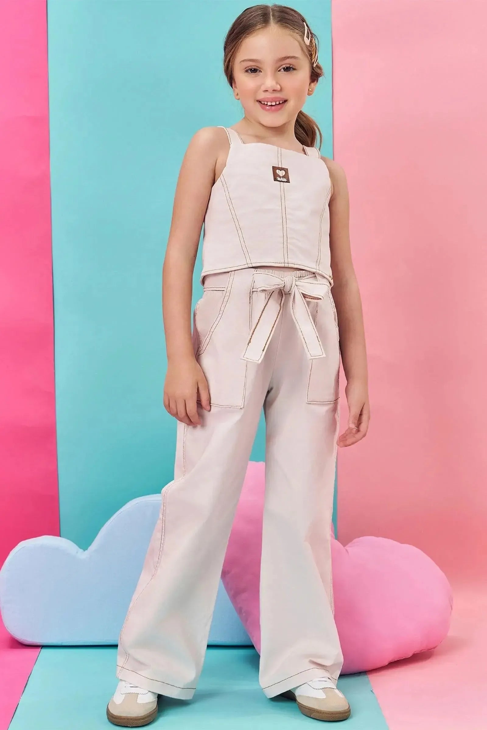 Conjunto de Cropped e Calça em Sarja com Elastano 84261 Kukiê Infantil Menina