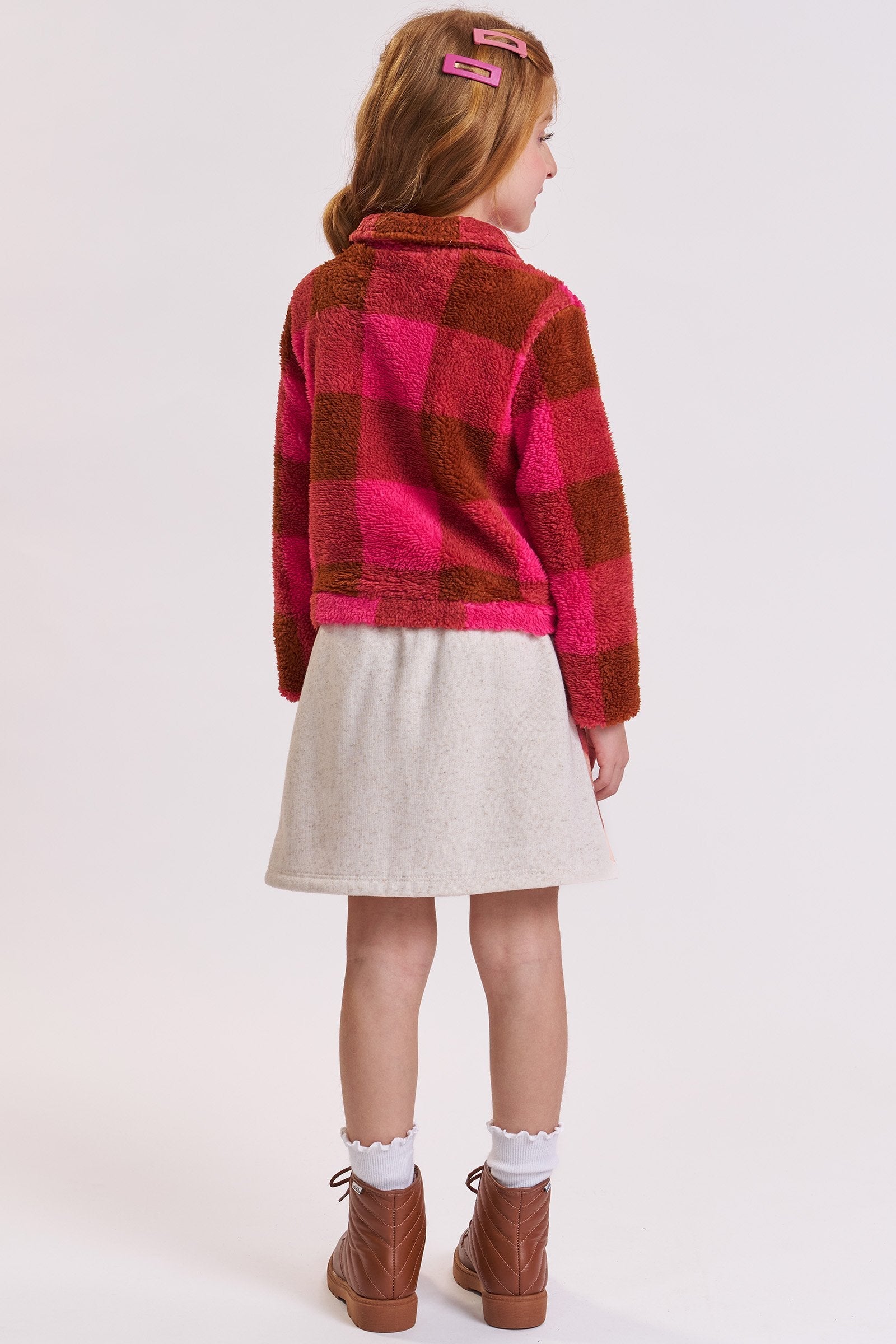 Conjunto de Jaqueta Boxy em Pelo Maxi Sheep e Short Saia em Moletom com Pelúcia 92508 Kukiê Infantil Menina