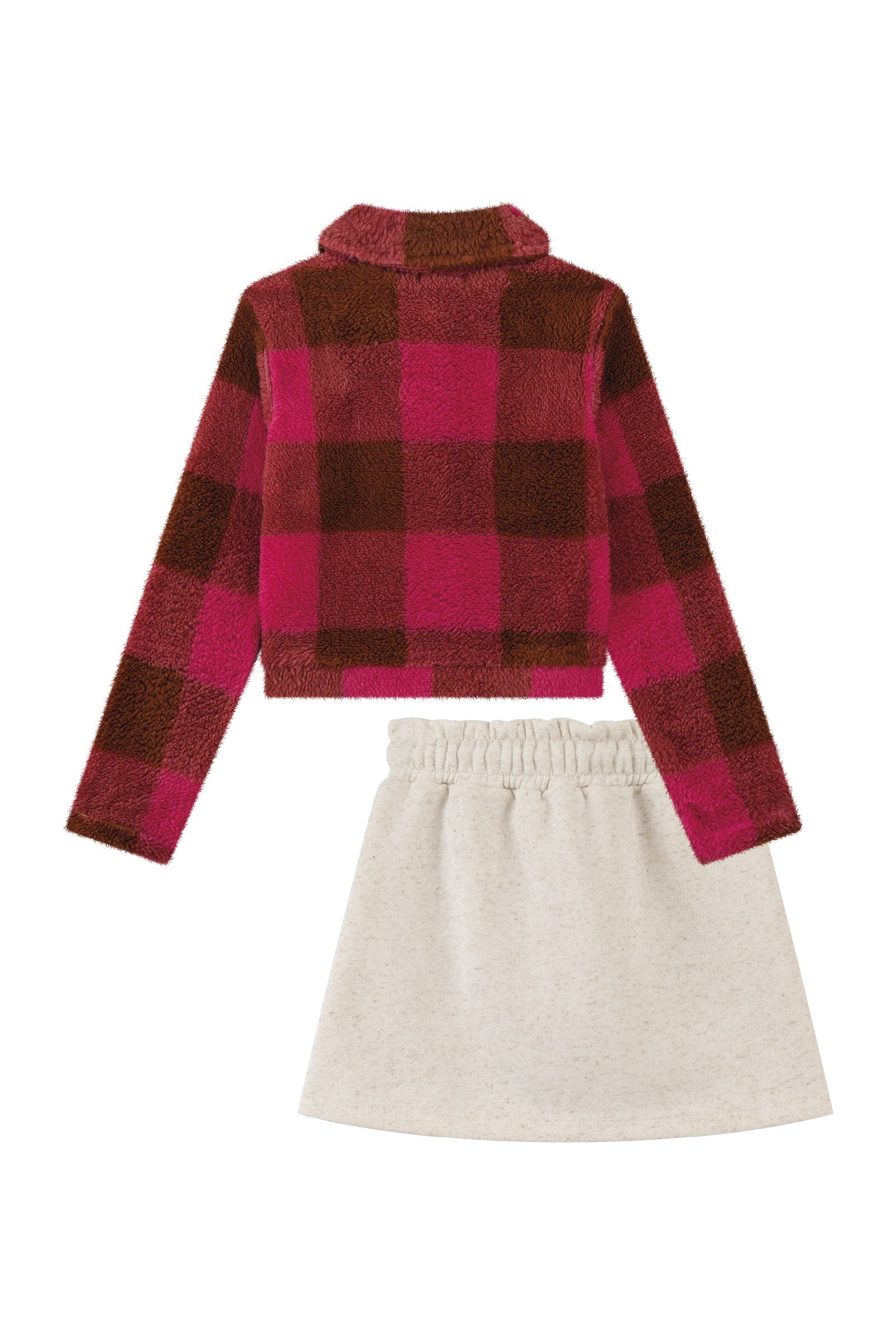 Conjunto de Jaqueta Boxy em Pelo Maxi Sheep e Short Saia em Moletom com Pelúcia 92508 Kukiê Infantil Menina