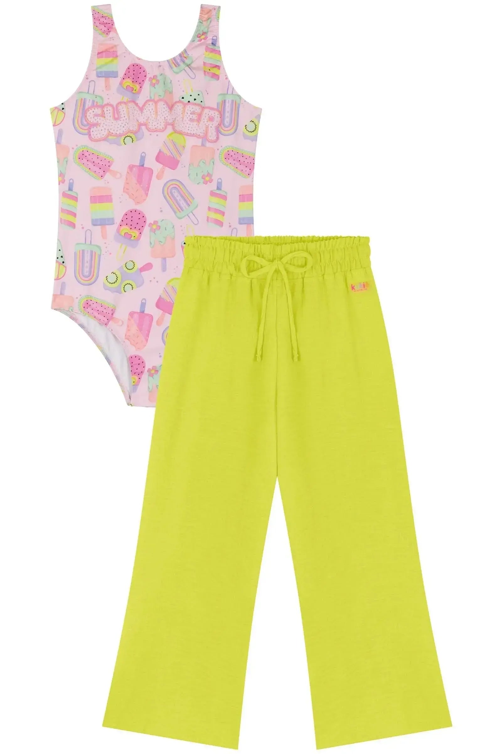 Conjunto de Maiô em Malha com Proteção UV50+ e Calça em Air Flor 85773 Kukiê Infantil Menina