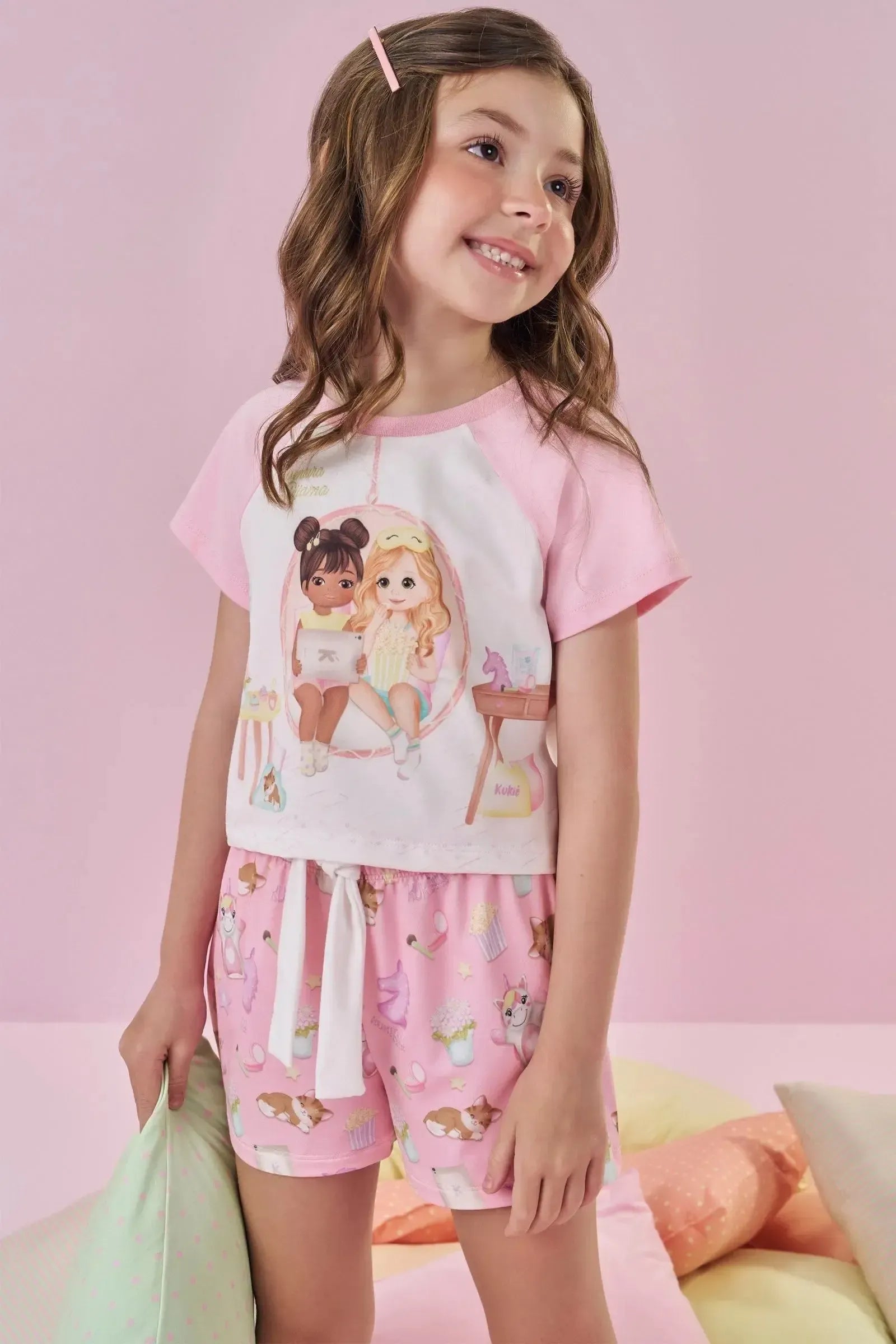 Conjunto de Pijama de Blusa Boxy e Shorts em Malha Comfy 86967 Kukiê Infantil Menina