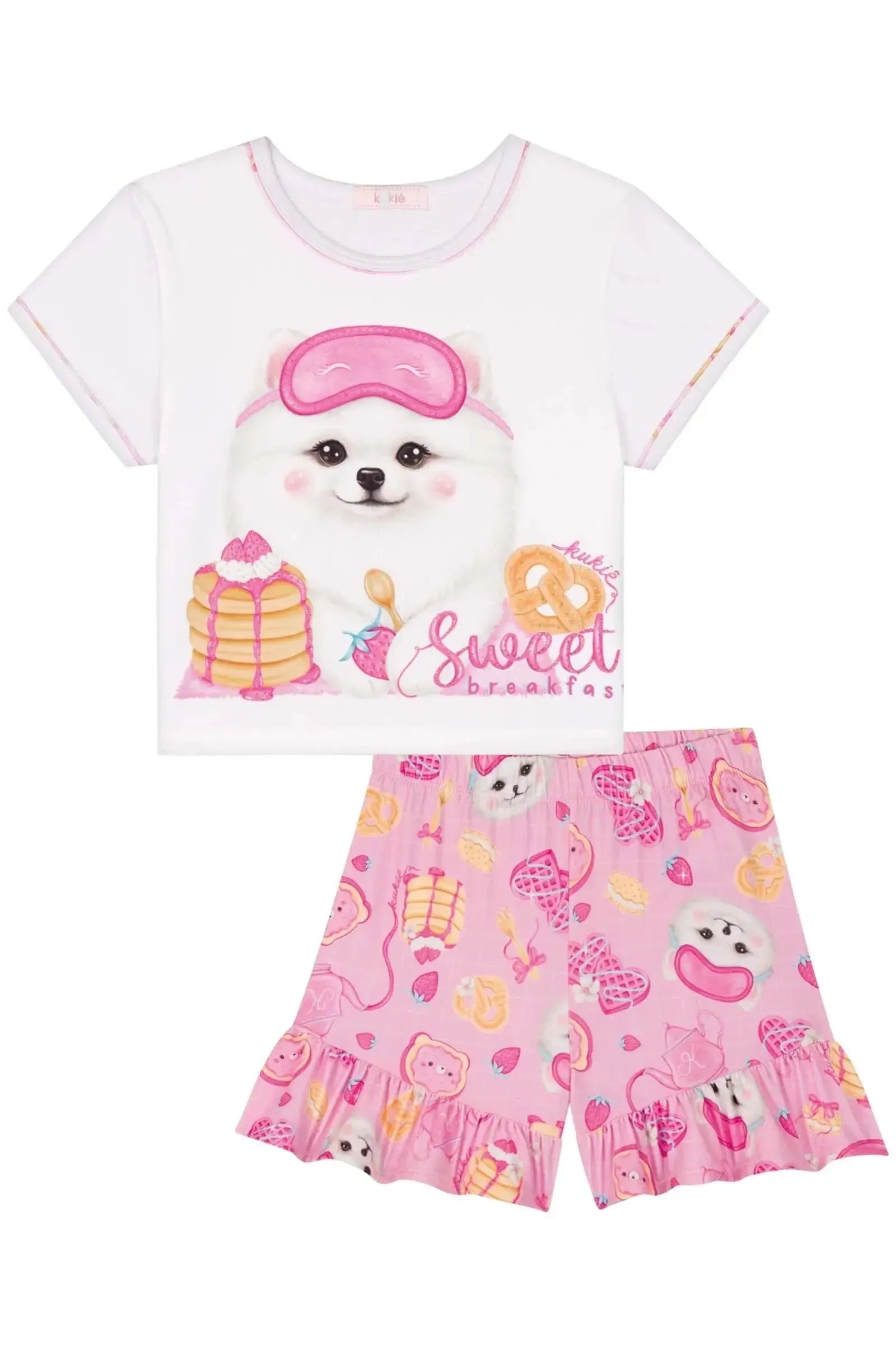 Conjunto de Pijama de Blusa Boxy em Meia Malha e Shorts em Malha Comfy 83069 Kukiê Infantil Menina