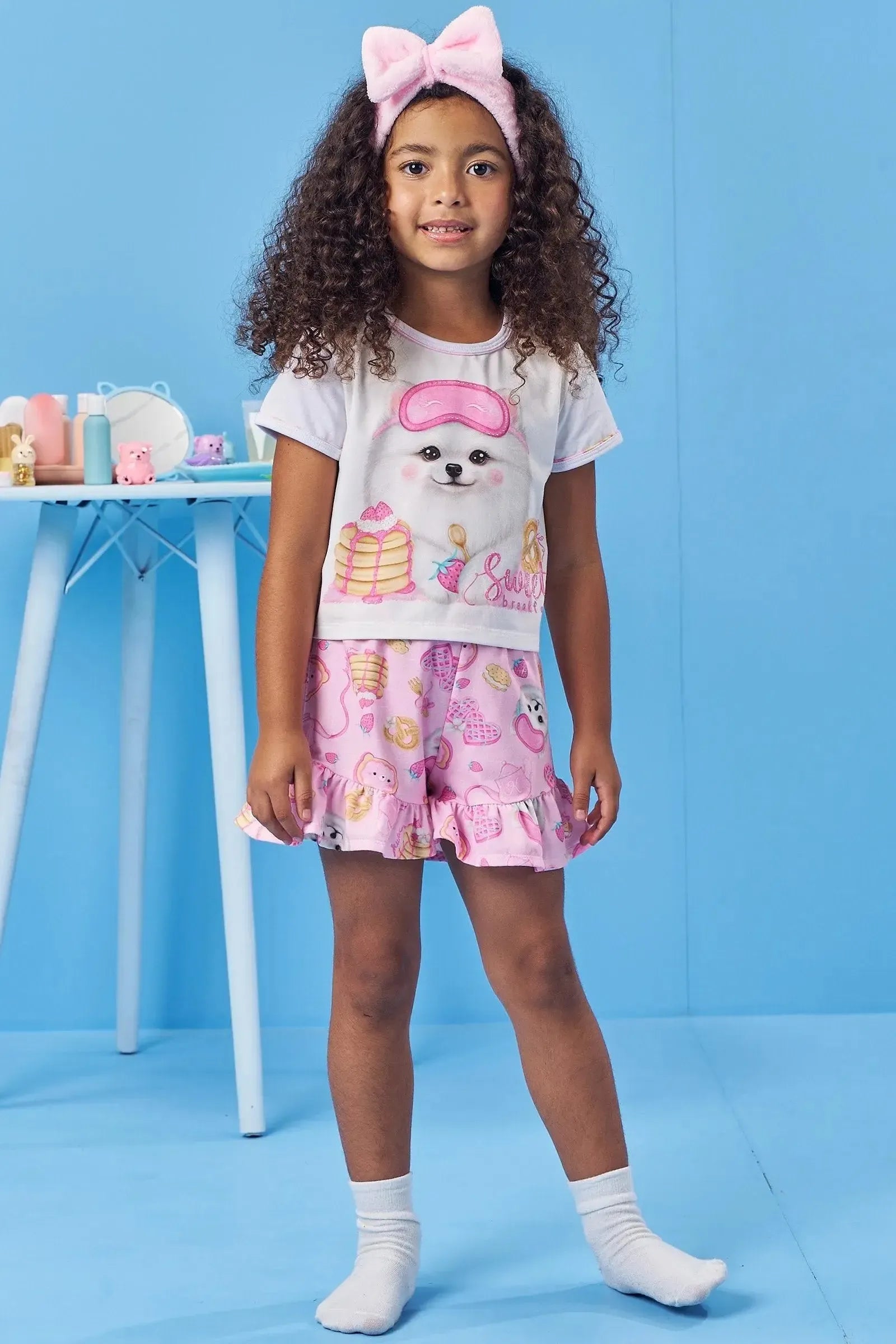 Conjunto de Pijama de Blusa Boxy em Meia Malha e Shorts em Malha Comfy 83069 Kukiê Infantil Menina