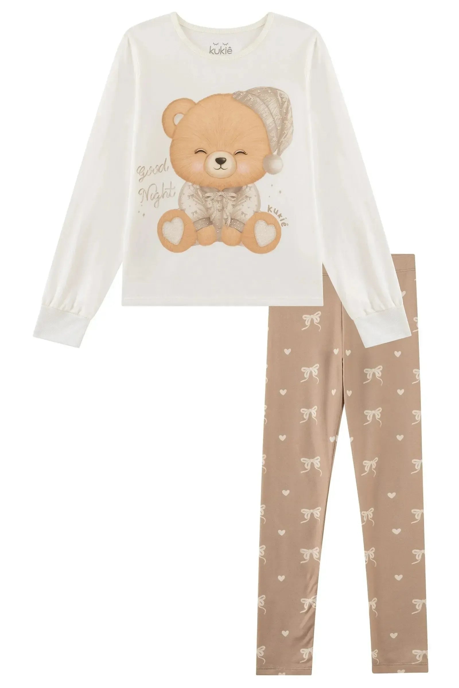 Conjunto de Pijama de Blusa em Meia Malha e Calça em Malha Comfy 92507 Kukiê Infantil Menina