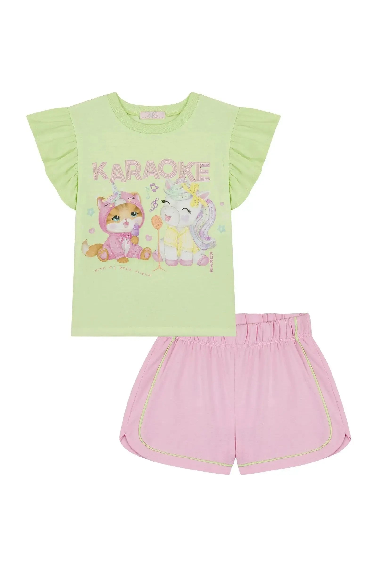 Conjunto de Pijama de Blusa em Meia Malha Flamê e Shorts em Meia Malha 86966 Kukiê Infantil Menina
