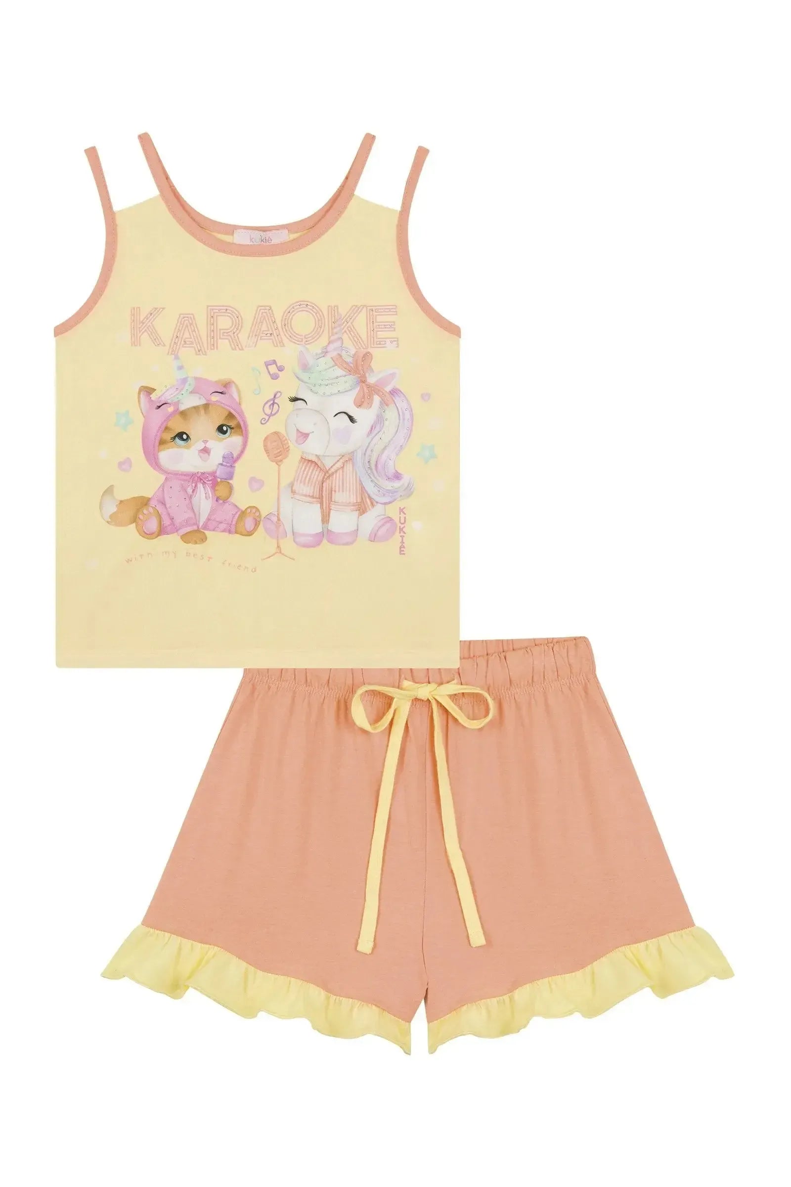 Conjunto de Pijama de Regata em Meia Malha e Shorts em Flamê 88745 Kukiê Infantil Menina