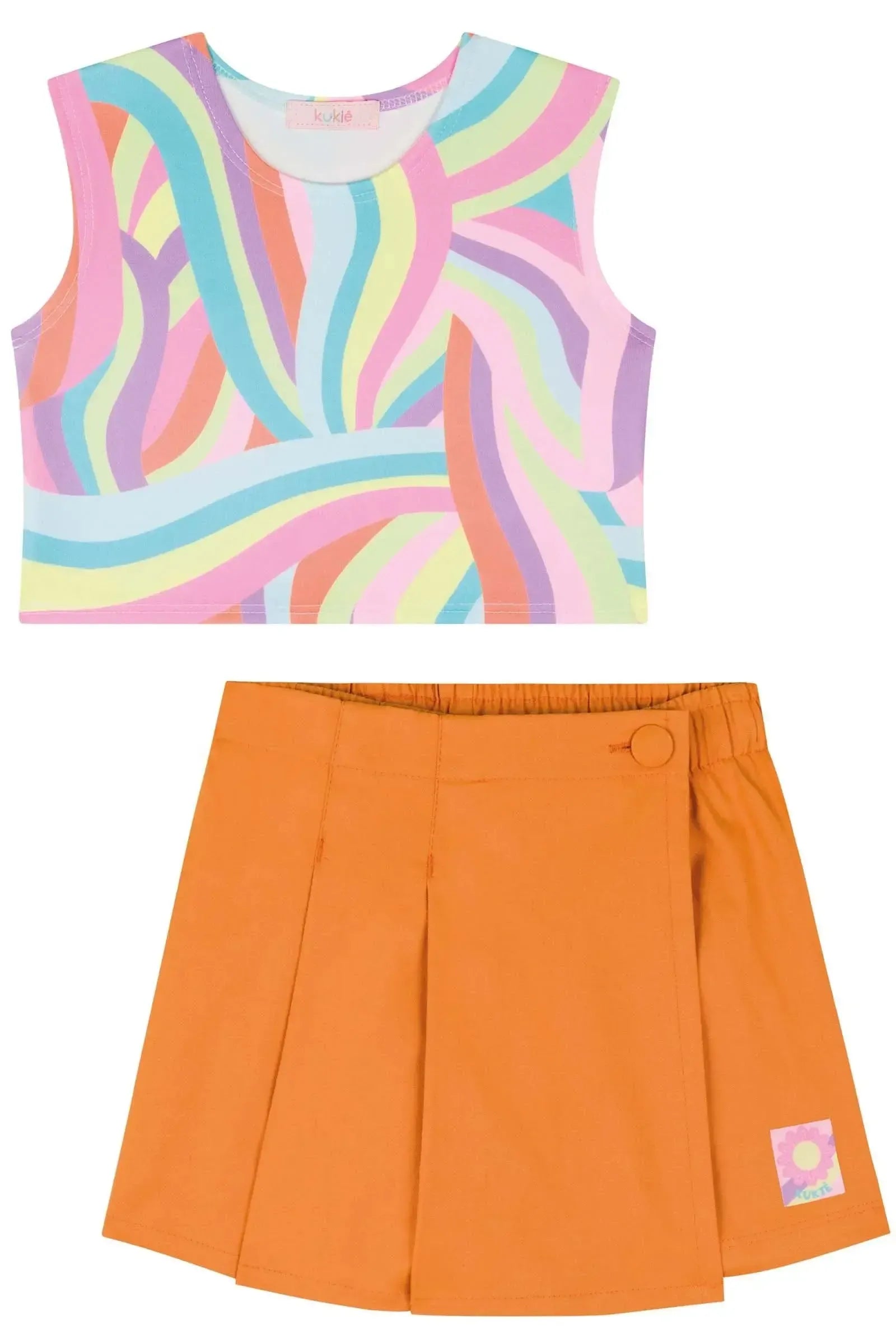 Conjunto de Regata Boxy em Fly Tech e Short Saia em Sarja 84107 Kukiê Infantil Menina