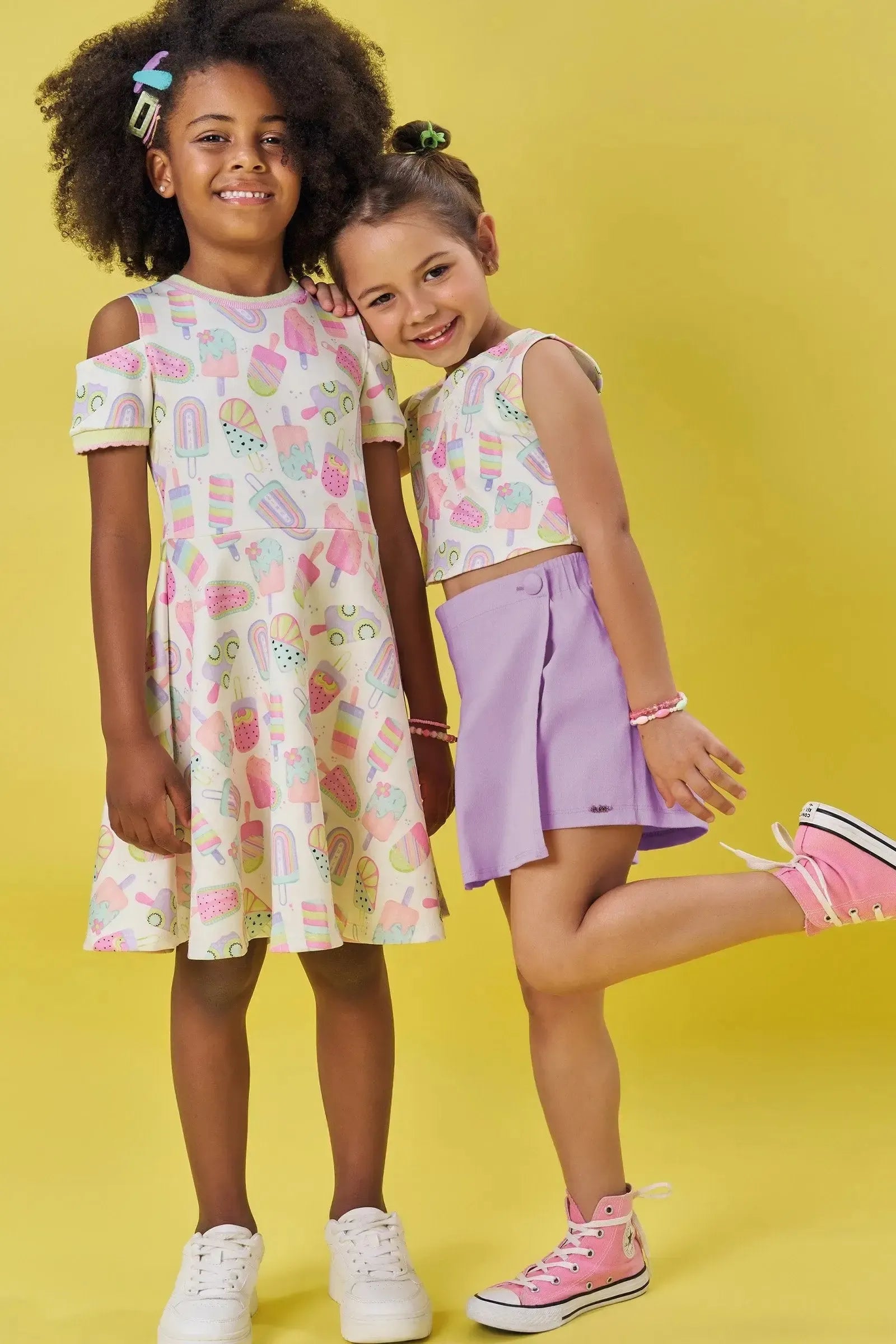 Conjunto de Regata Boxy em Fly Tech e Short Saia em Sarja 84107 Kukiê Infantil Menina