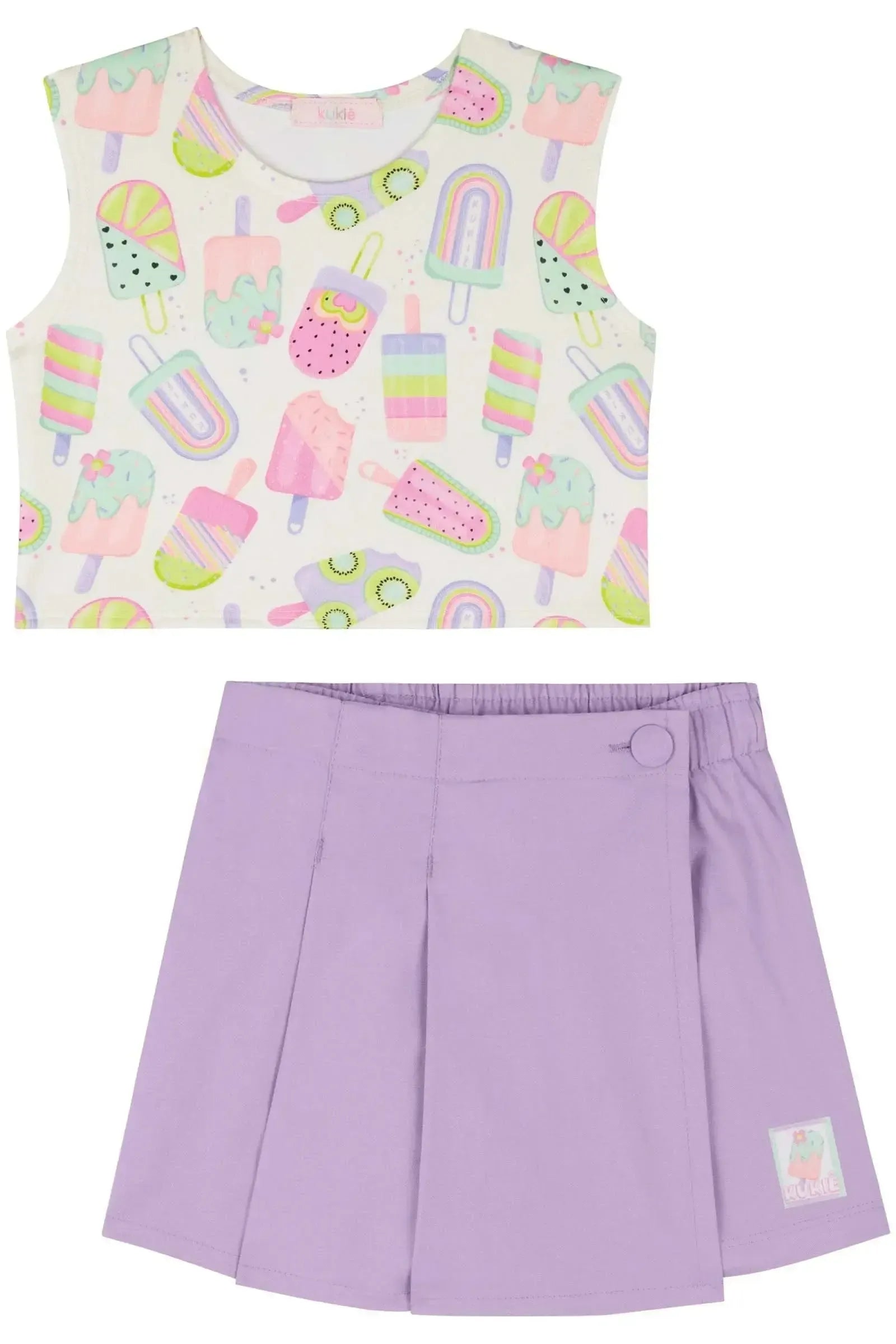 Conjunto de Regata Boxy em Fly Tech e Short Saia em Sarja 84107 Kukiê Infantil Menina
