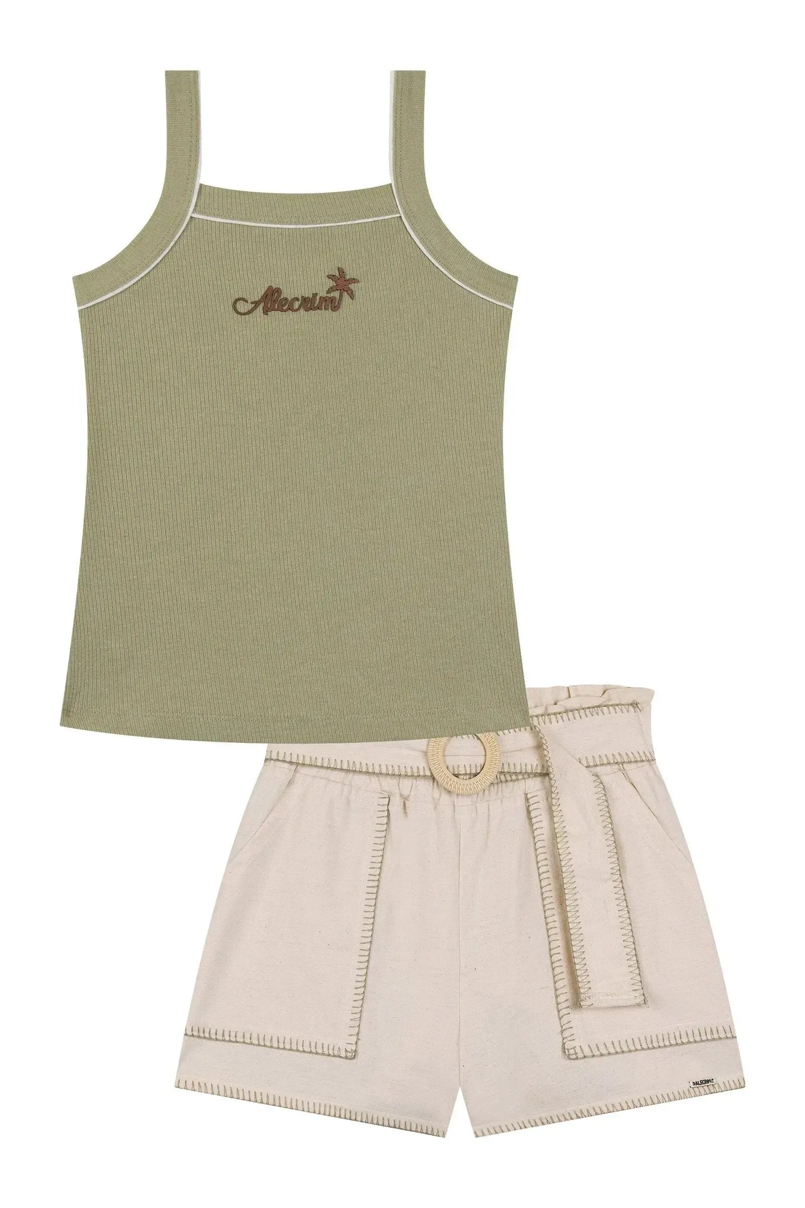Conjunto de Regata em Canelado e Shorts em Linho com Elastano 86498 Kukiê Infantil Menina