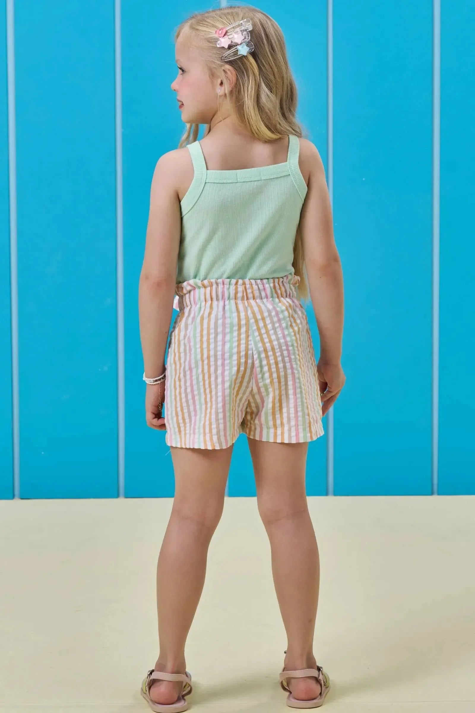 Conjunto de Regata em Canelado e Shorts em Tricoline Listrado 96343 Kukiê Infantil Menina